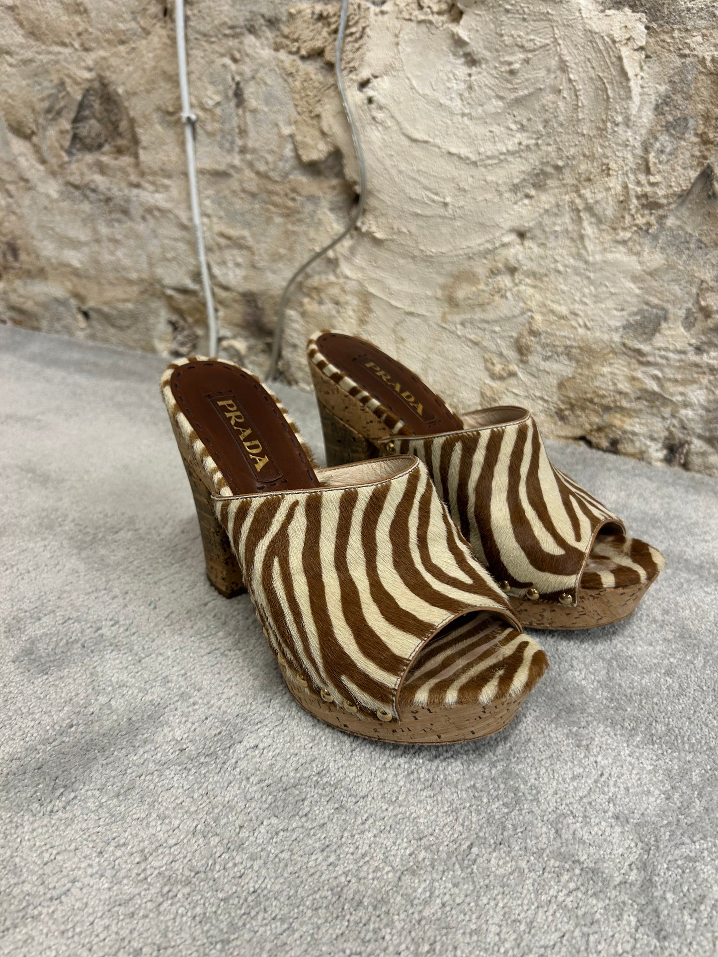 Prada zebra print fur mules