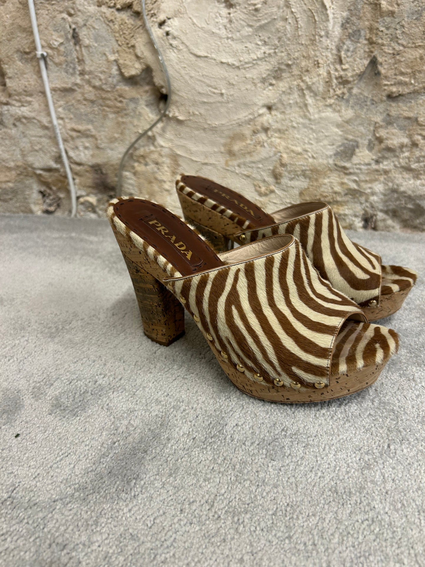 Prada zebra print fur mules
