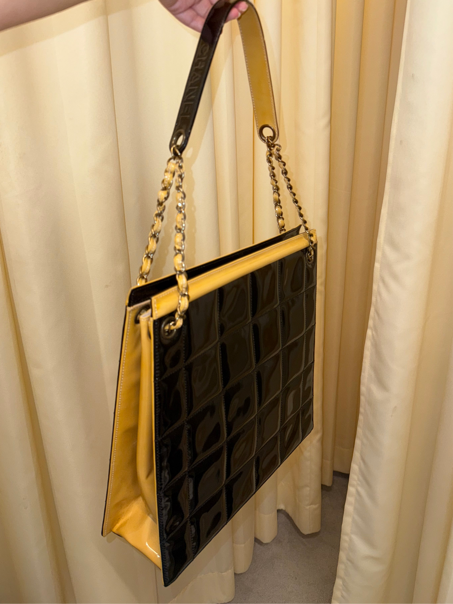 Chanel early 2000s boxy tote glossy black