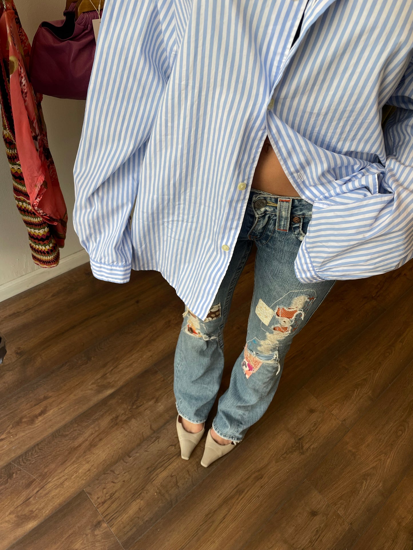 True Religion Patchwork Distressed Flare Jeans