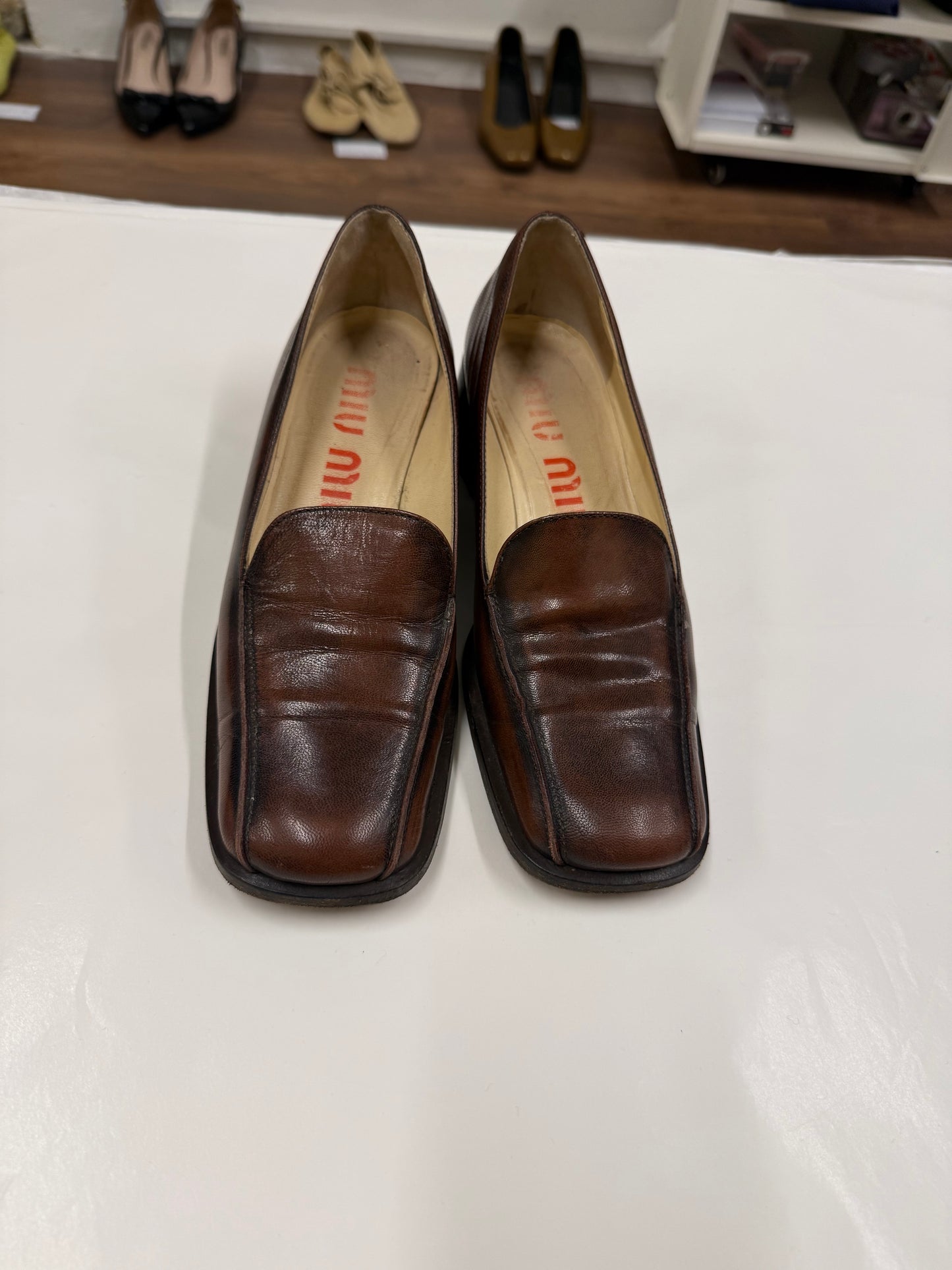Miu Miu 00s Brown Square-Toe Loafers
