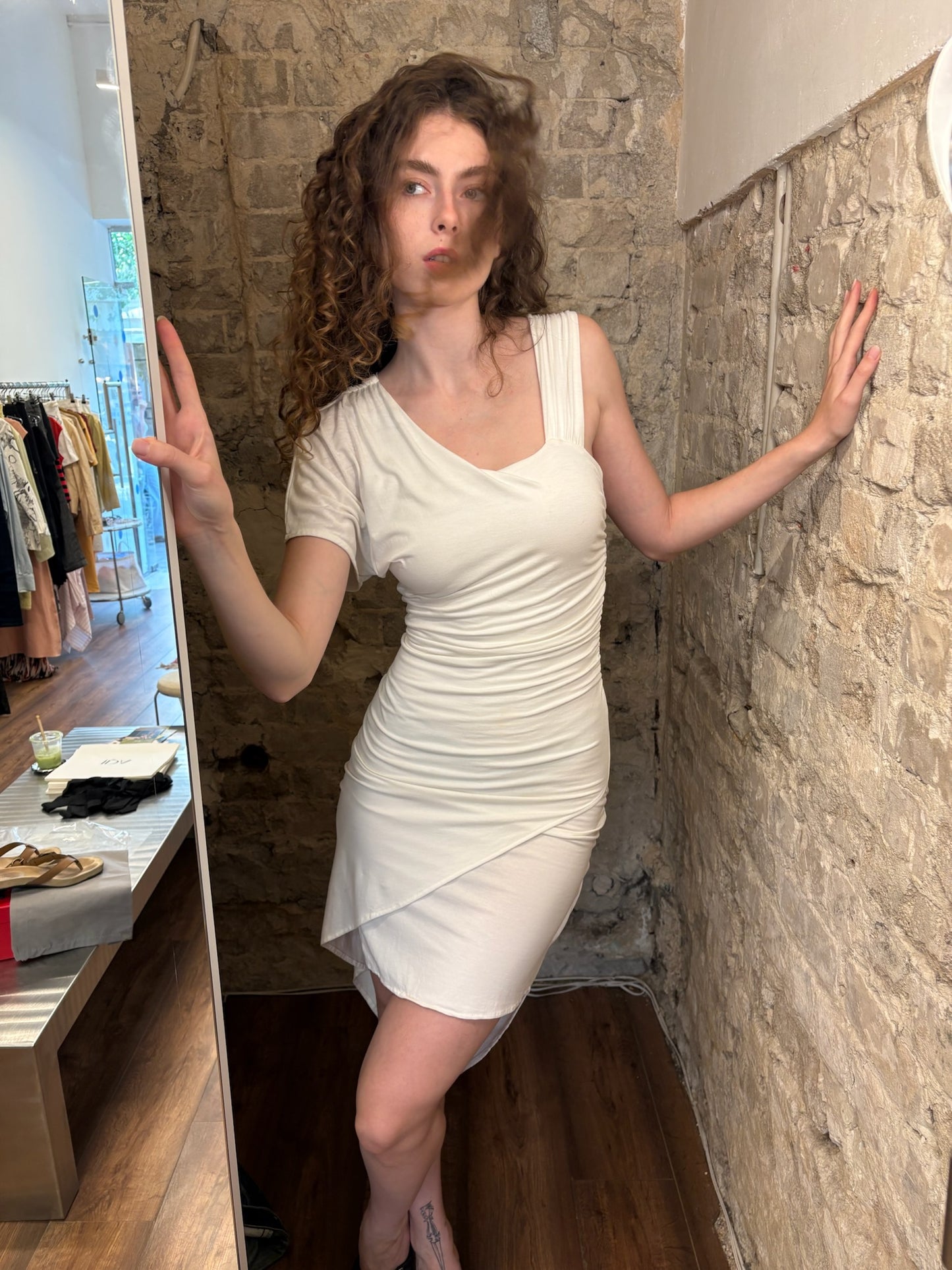 Bebe Asymmetric Ruched Dress