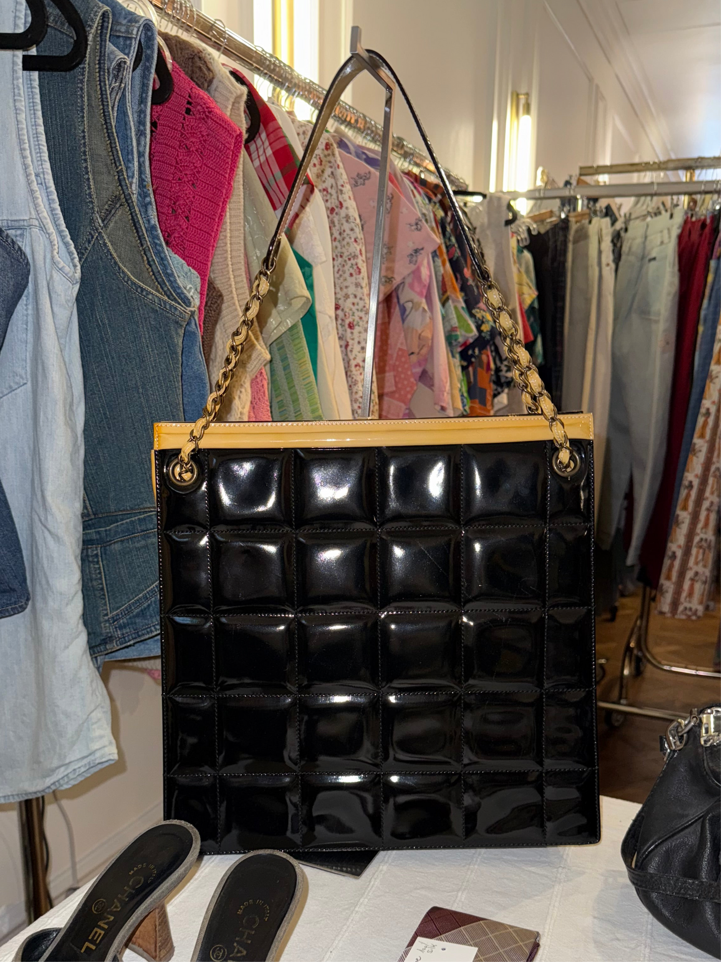 Chanel early 2000s boxy tote glossy black