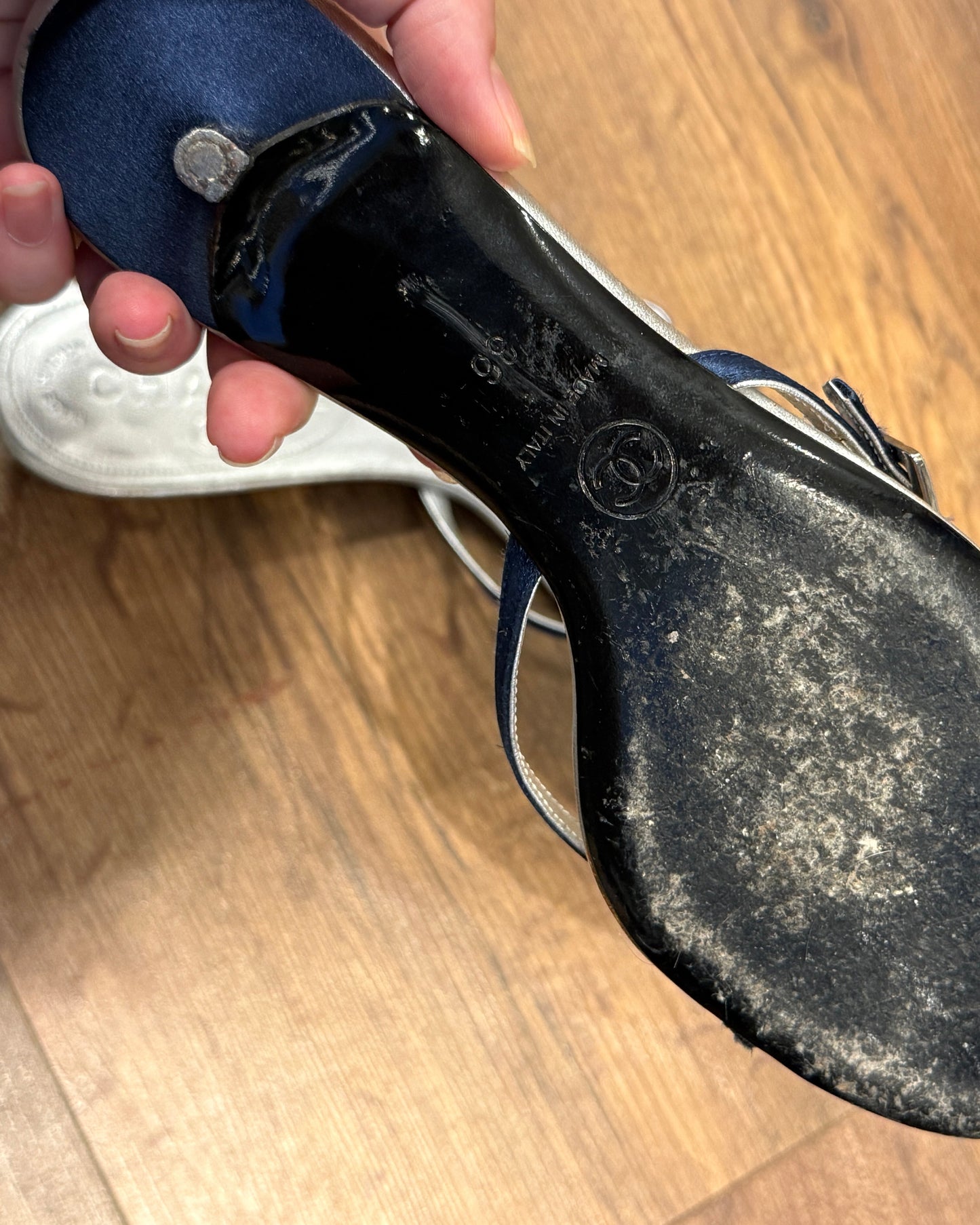 Chanel Silver & Navy Kitten Heel Mules 2000s 36.5 EU