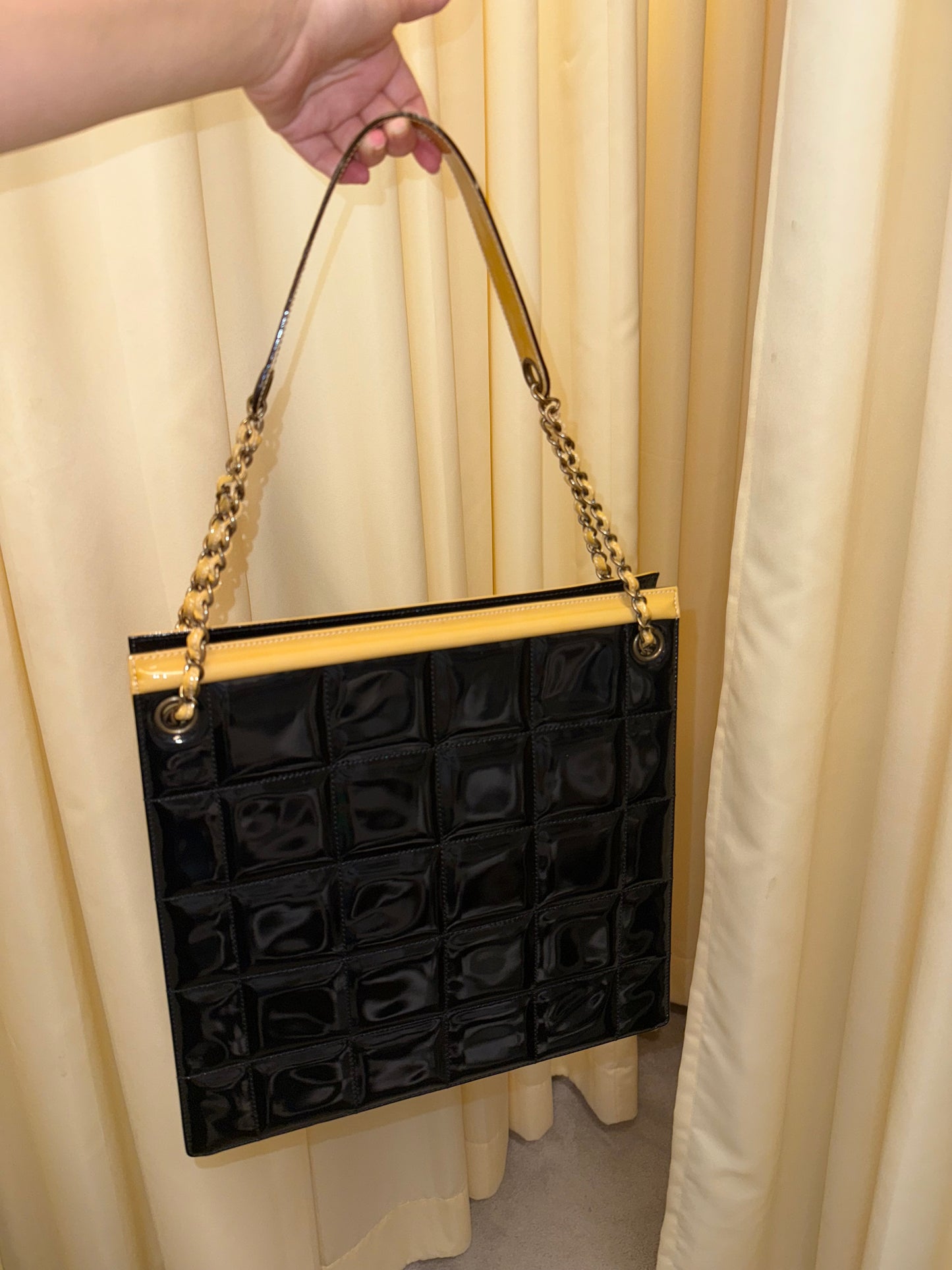 Chanel early 2000s boxy tote glossy black
