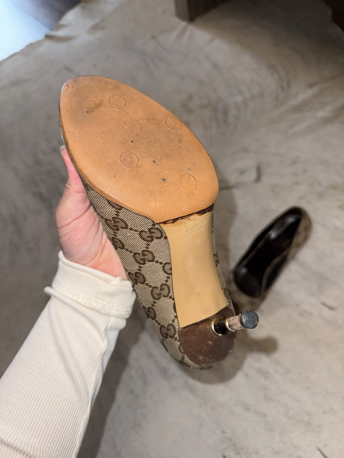 Gucci GG Canvas Peep-Toe Bamboo Heel Pumps 37.5 EU / US 7B