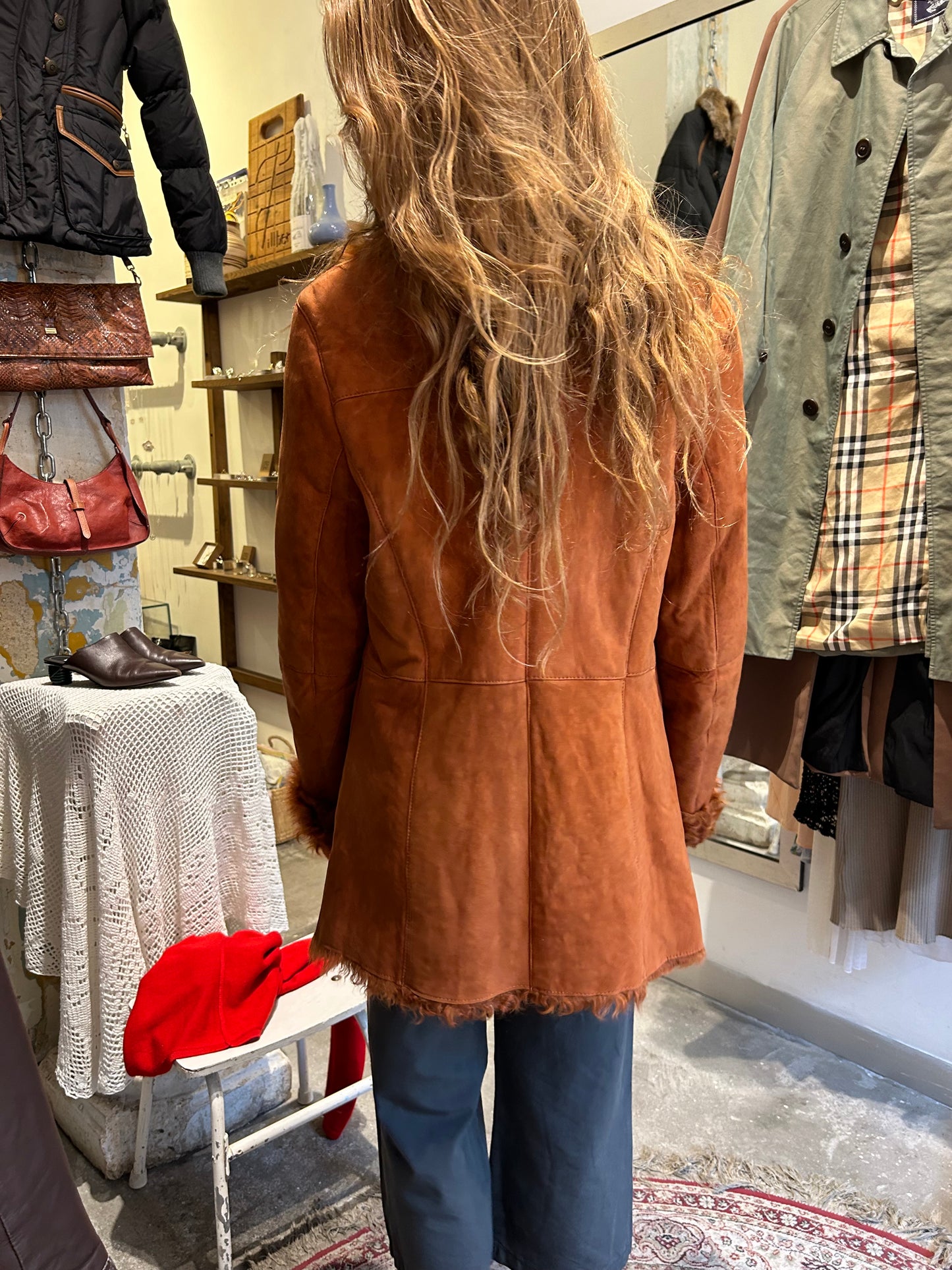 orange suede & wool mouton coat