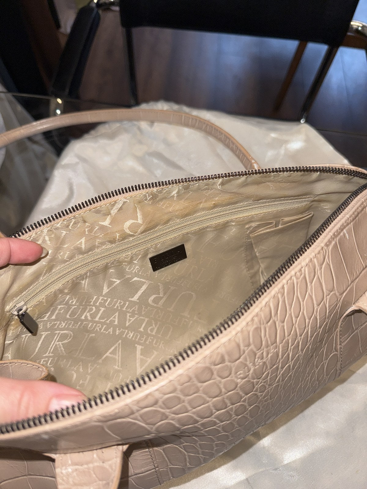 Furla croc-embossed zip tote - interior logo lining and zipper area