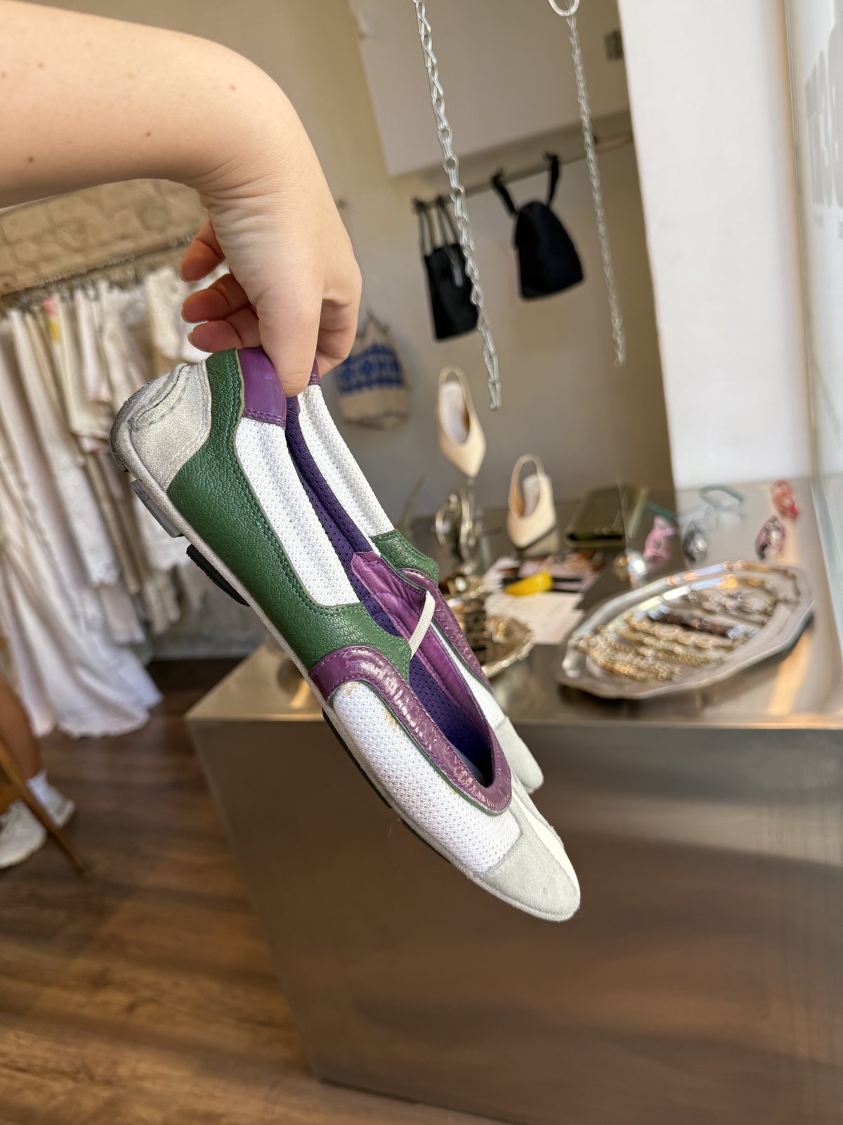 Prada Sport Mary Jane ballet flats - side angle mesh suede leather panels