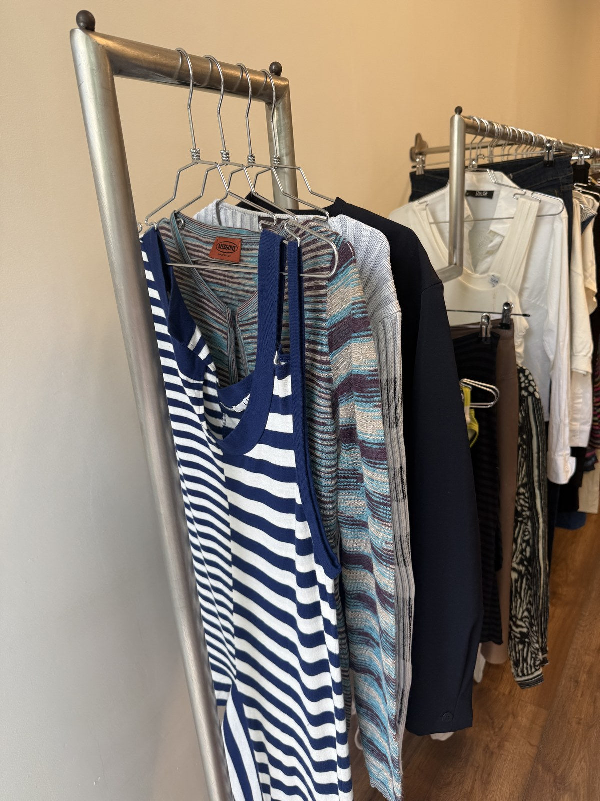 LIMI feu navy cream stripe tank - side angle on rack