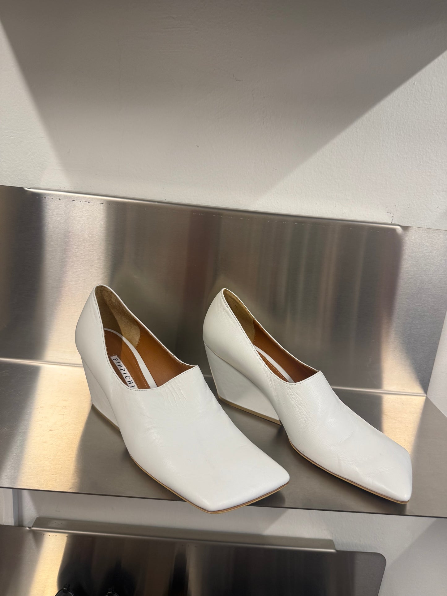 Pippichic White Leather Wedge Mules