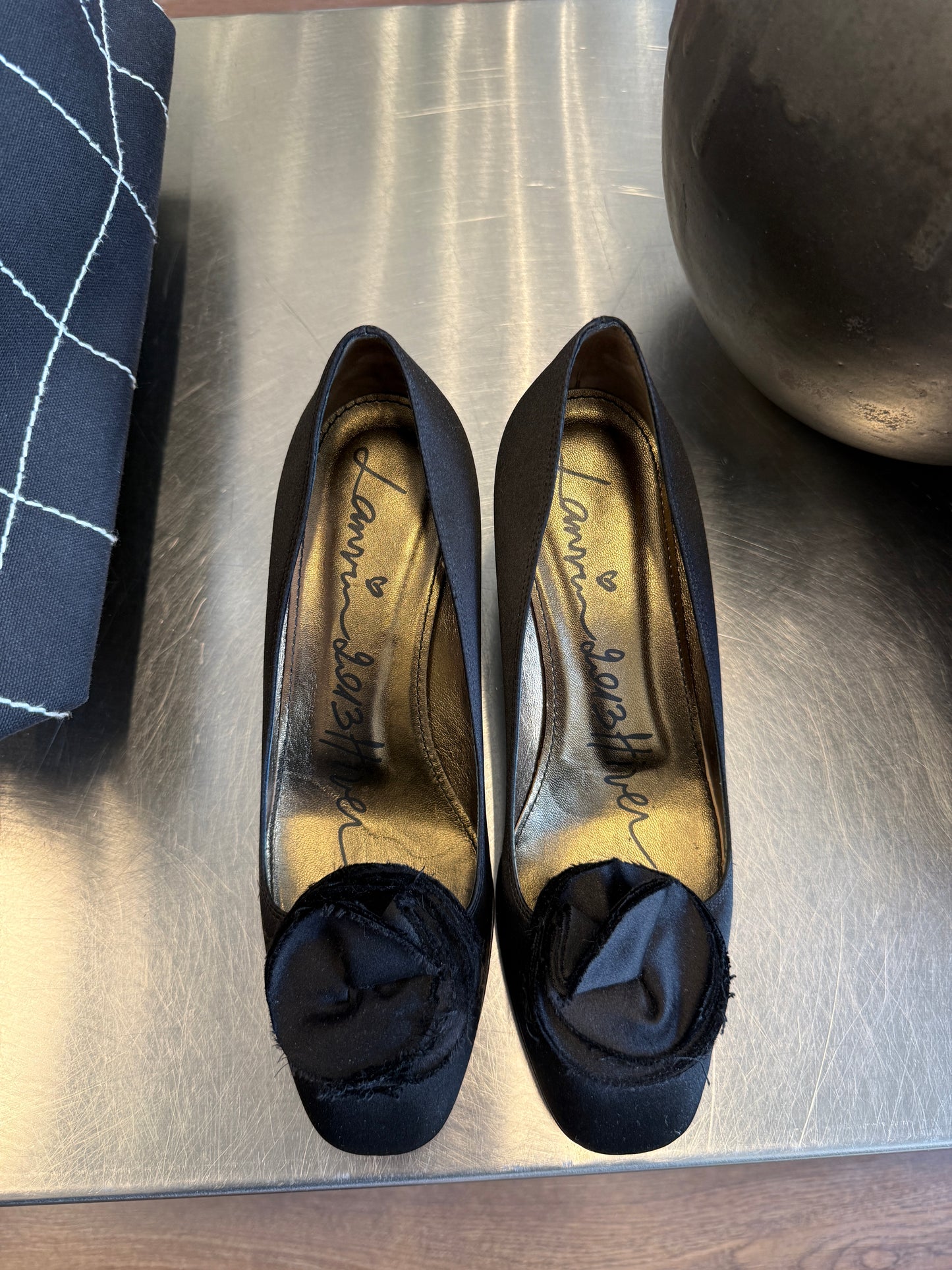 Lanvin Black Satin Heels Sculptural Flower 38