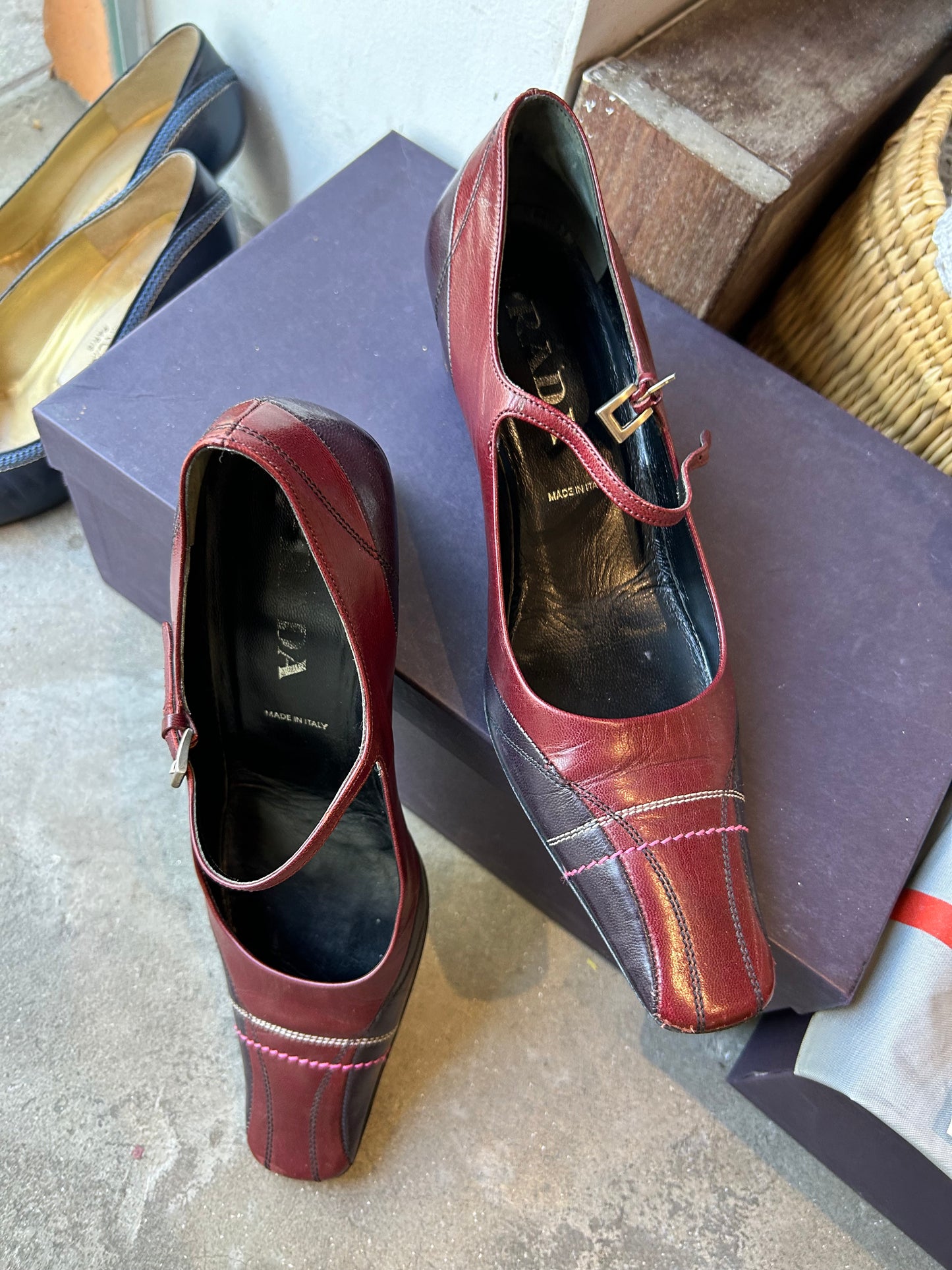 PRADA red kitten heel square toe 37.5 EU