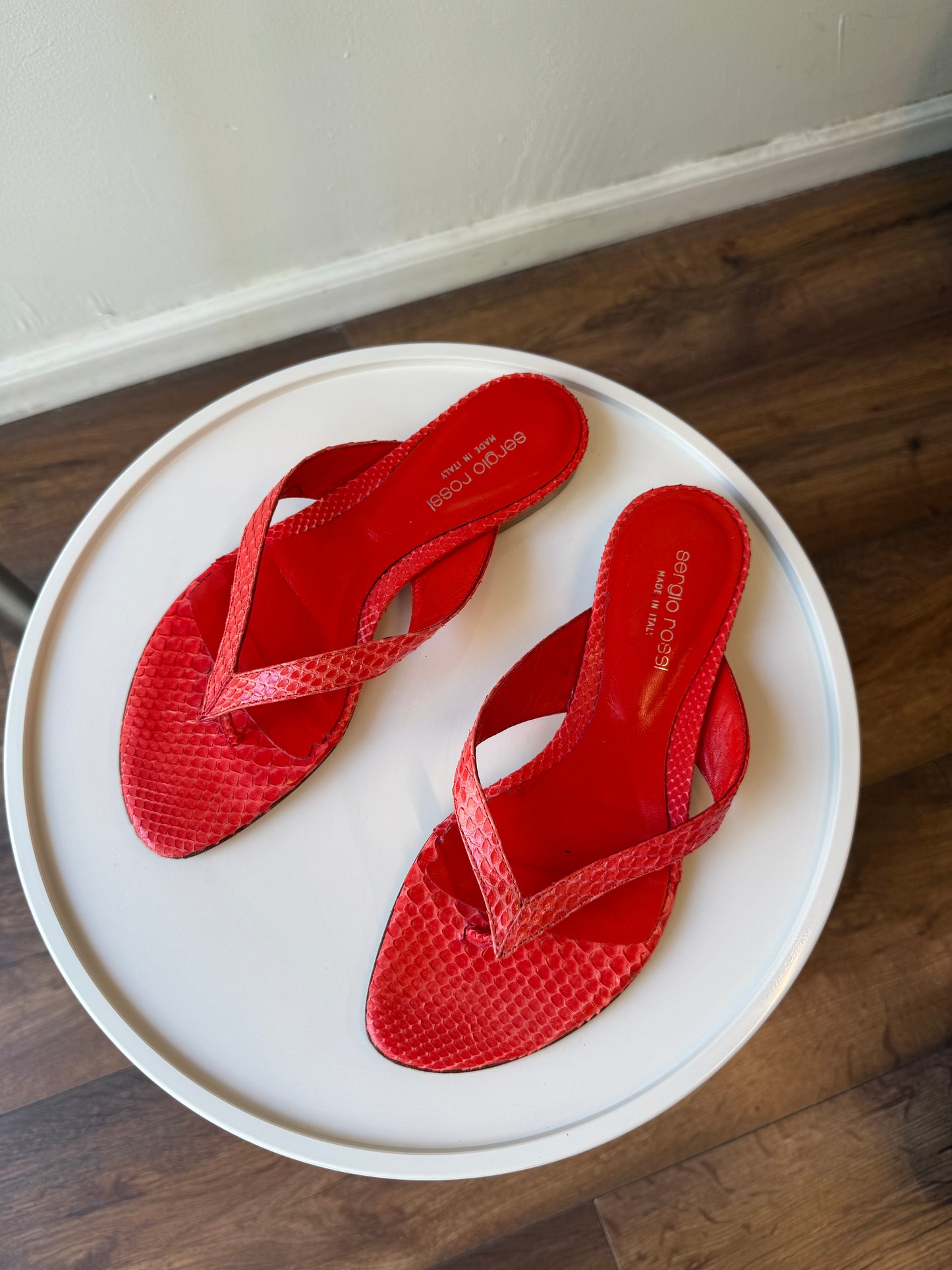 Sergio Rossi Python Leather Thong Sandals – Neon Coral