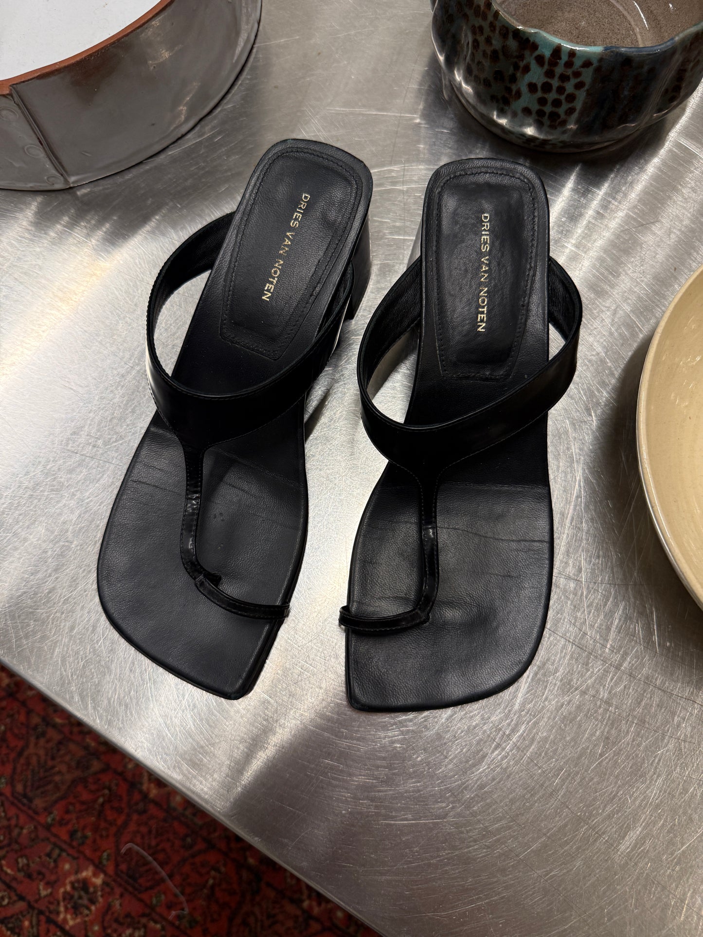 Dries Van Noten Archive Black Leather Toe-Ring Heeled Sandals 37 EU