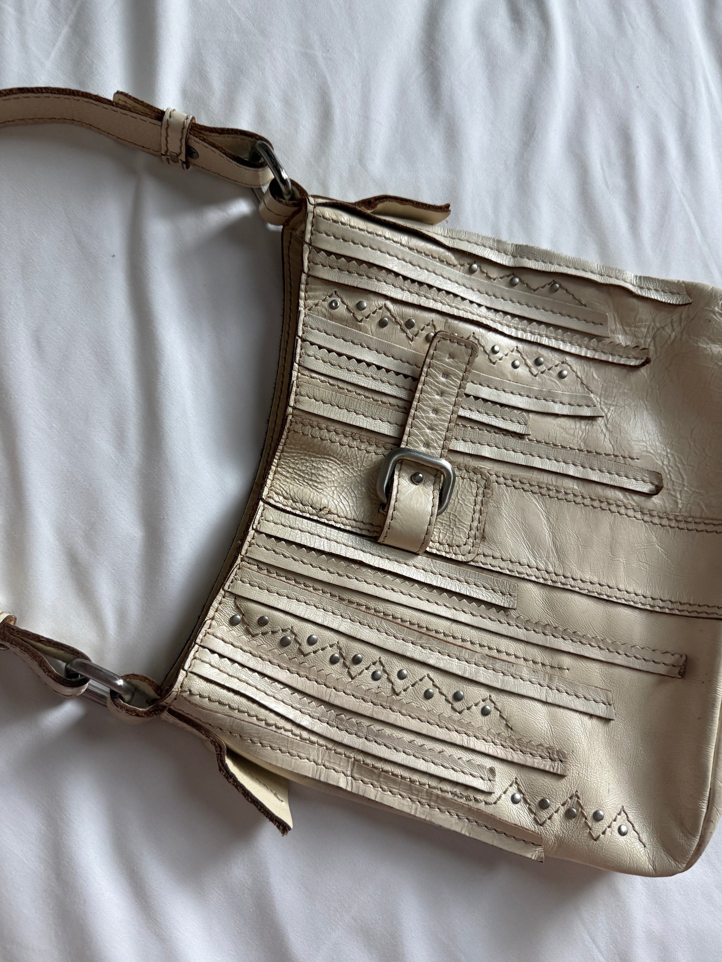 Sisley Ivory Leather Studded Shoulder Bag 2000s