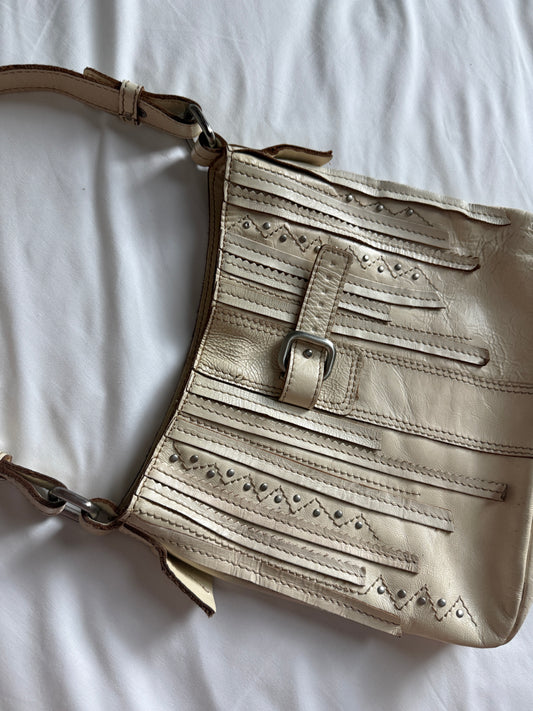 Sisley Ivory Leather Studded Shoulder Bag 2000s