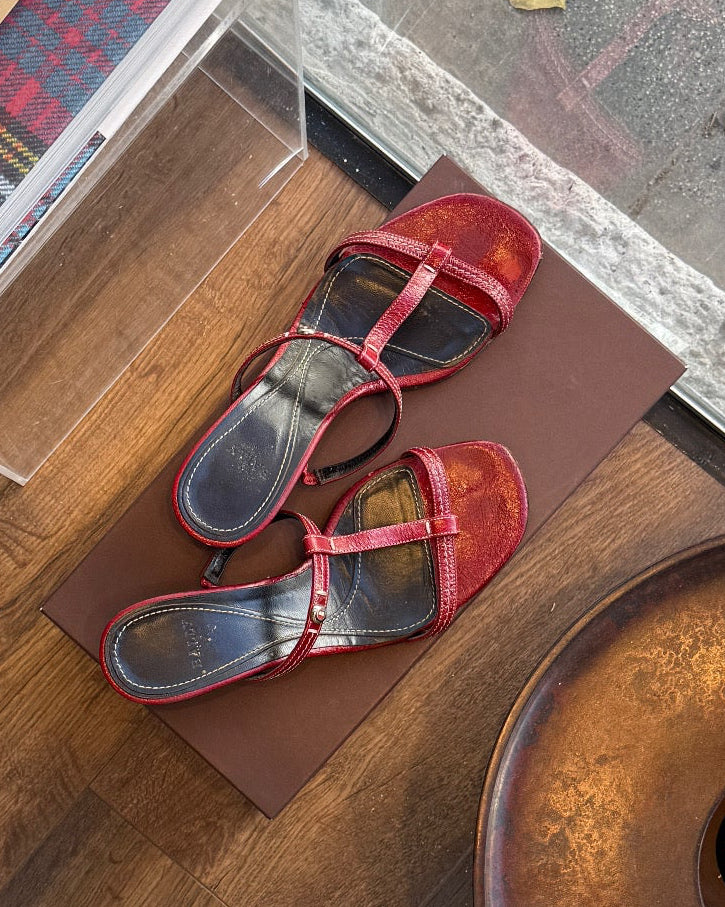 Bally Red Leather T-Strap Sandals