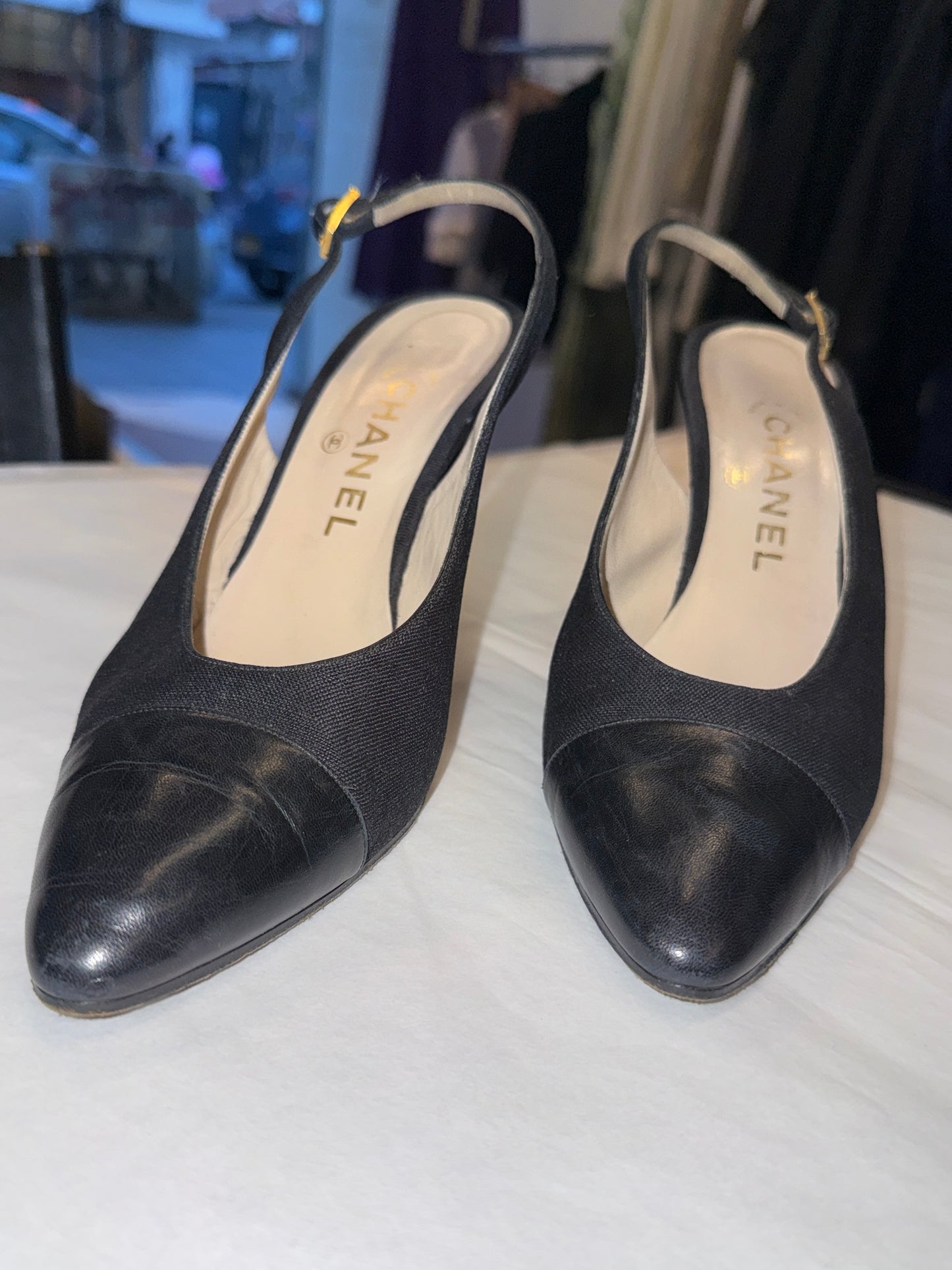 Chanel Black Cap Toe Slingback Heels 37 EU