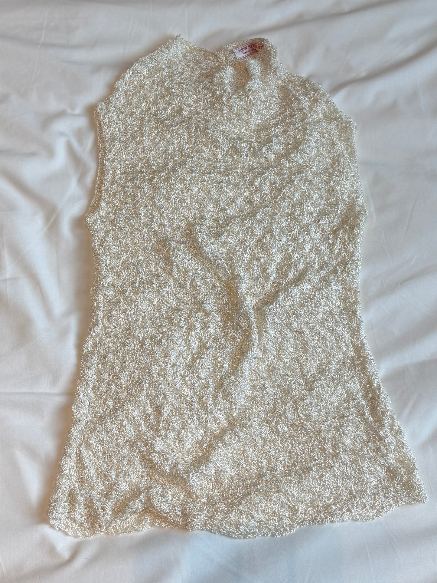 Vintage Pearl Beaded Crochet Knit Top