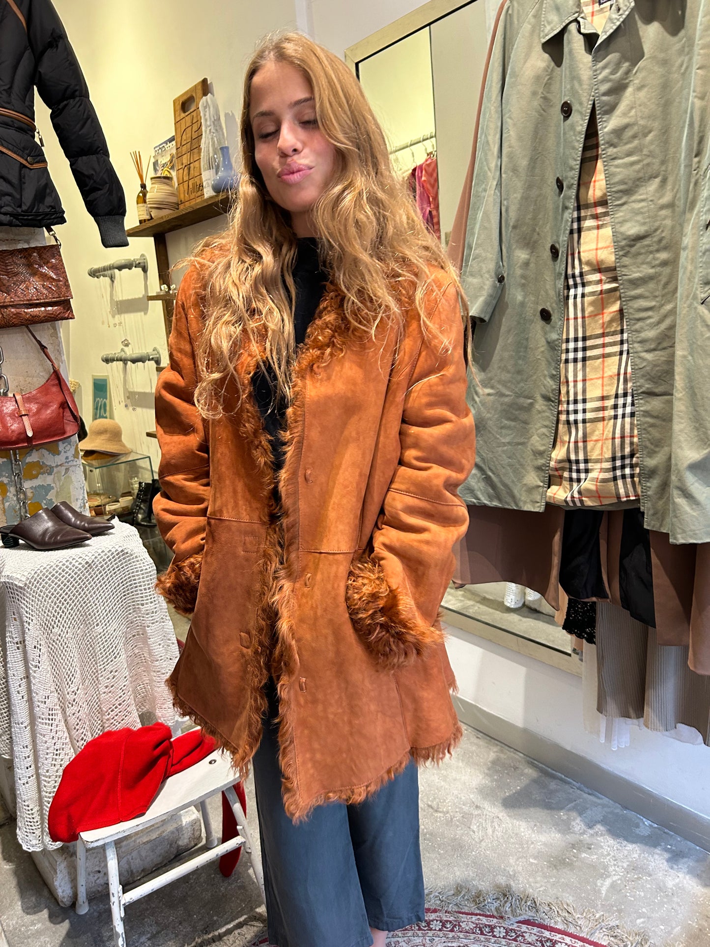 orange suede & wool mouton coat