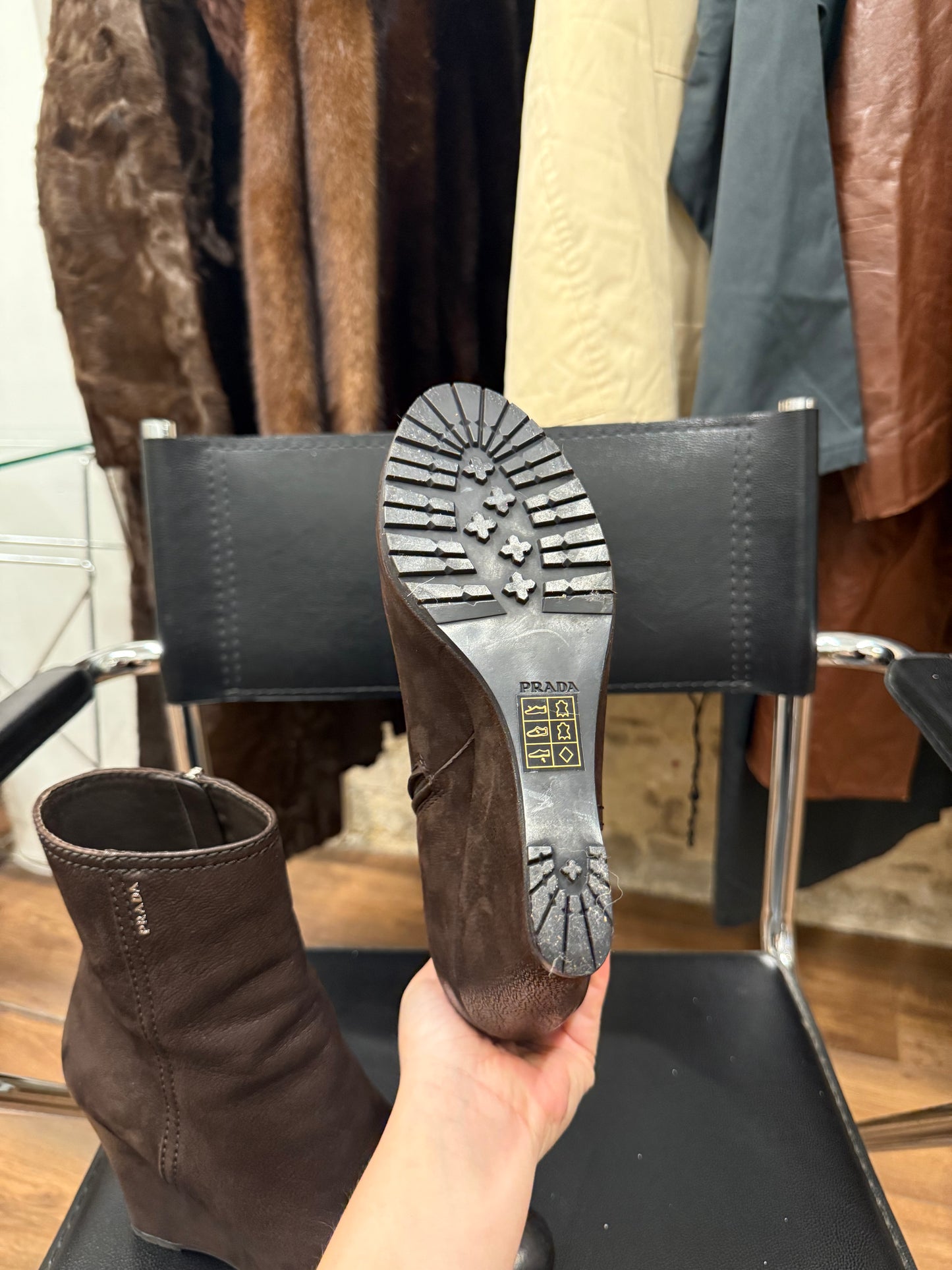 Prada Wedge Ankle Boots Chocolate Brown 38.5