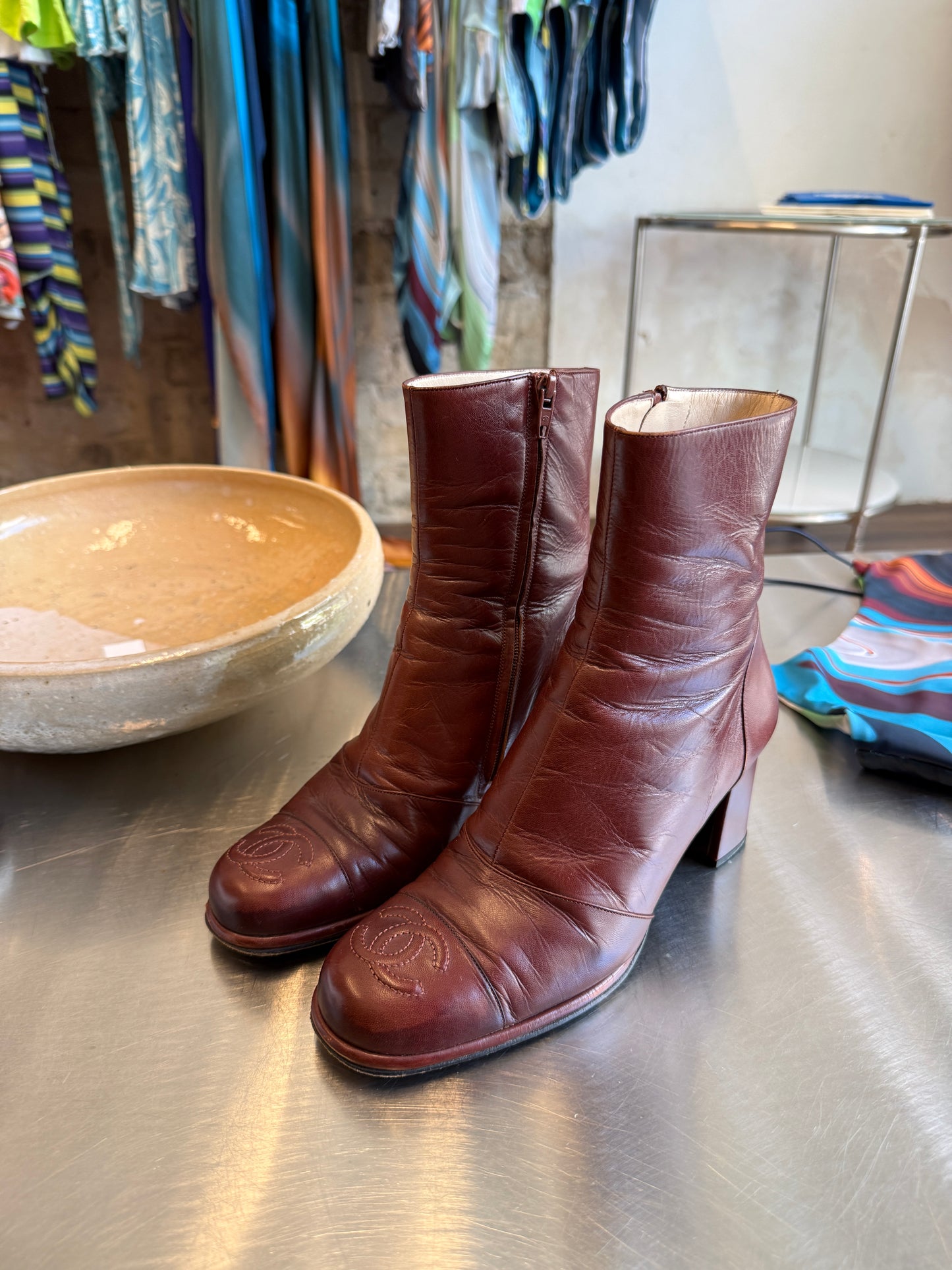 Chanel Burgundy CC Leather Ankle Boots c. 2004–2007
