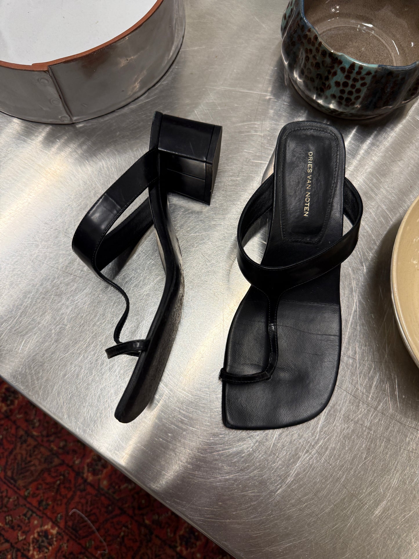 Dries Van Noten Archive Black Leather Toe-Ring Heeled Sandals 37 EU