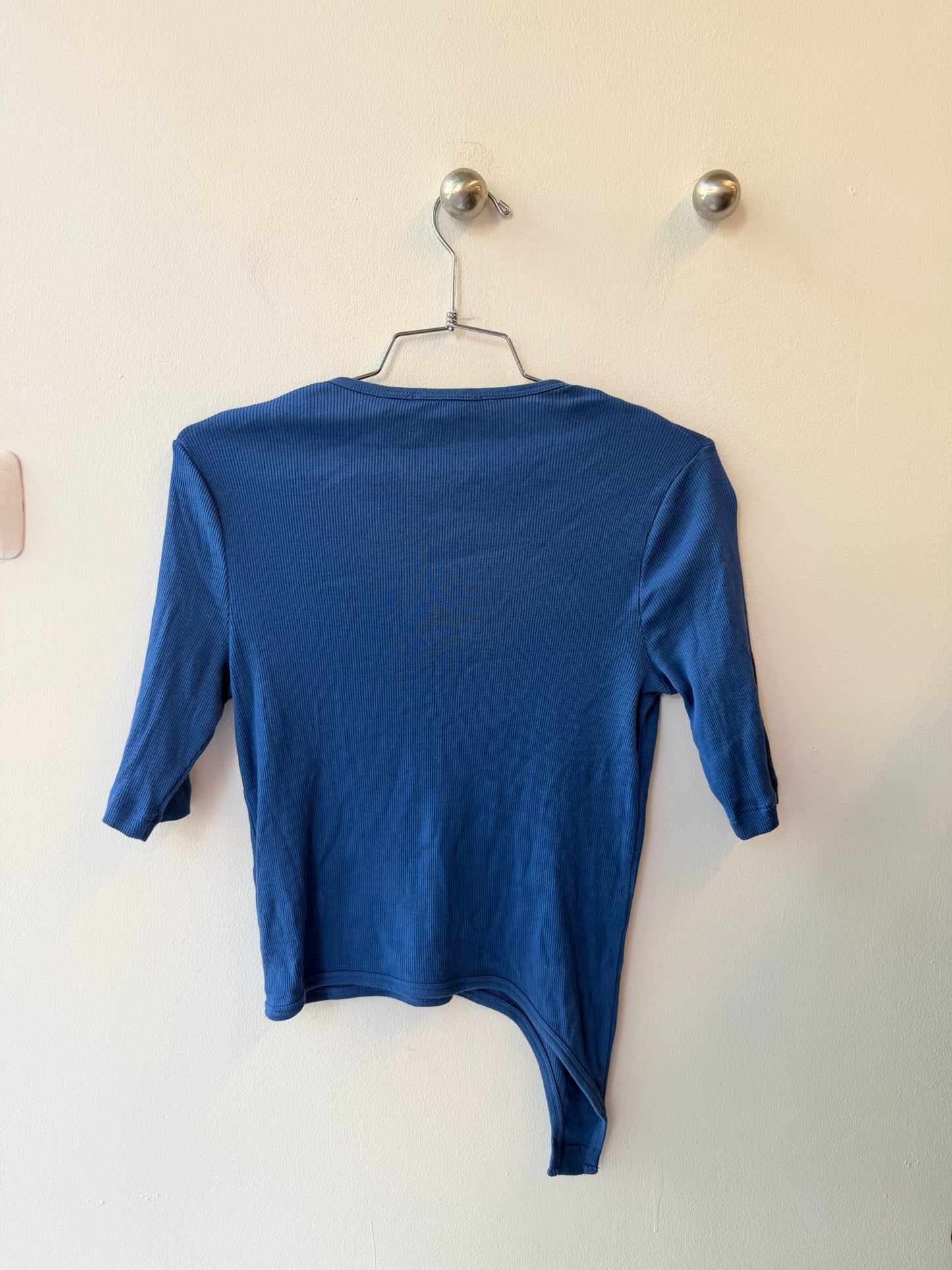 Helmut Lang Blue Asymmetric Cut-Out Ribbed Top Late 2010s