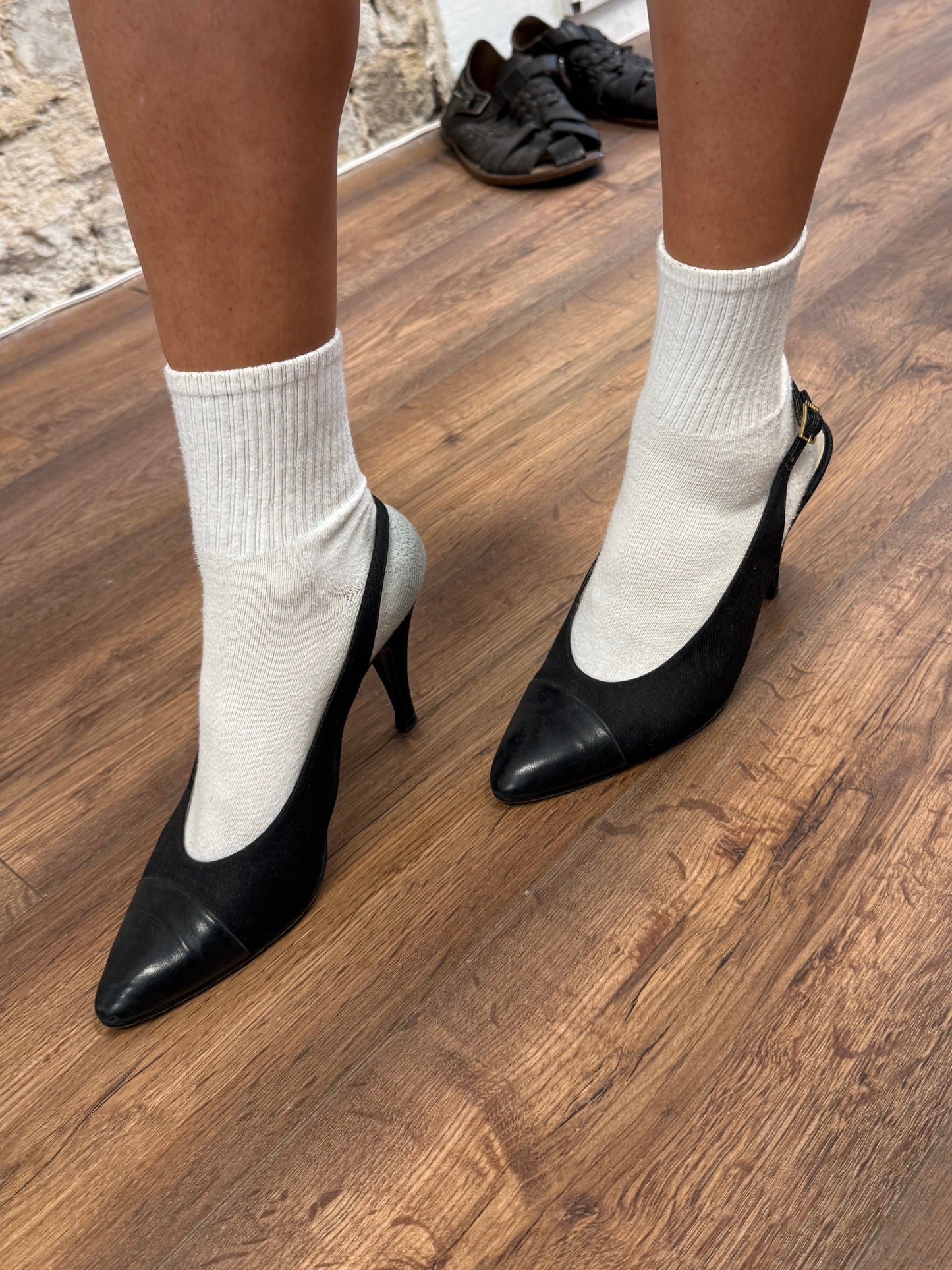 Chanel Black Cap Toe Slingback Heels 37.5-38 EU