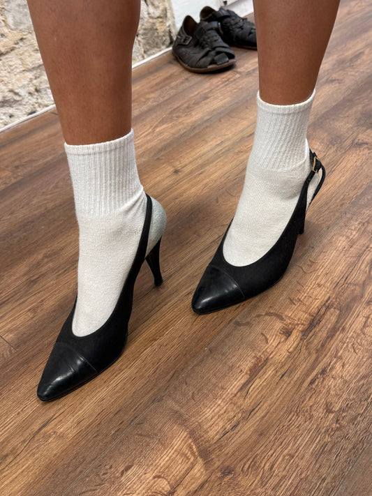 Chanel Black Cap Toe Slingback Heels 37 EU