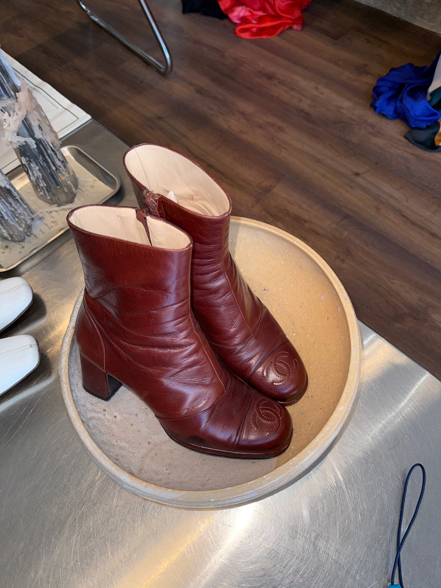 Chanel Burgundy CC Leather Ankle Boots c. 2004–2007
