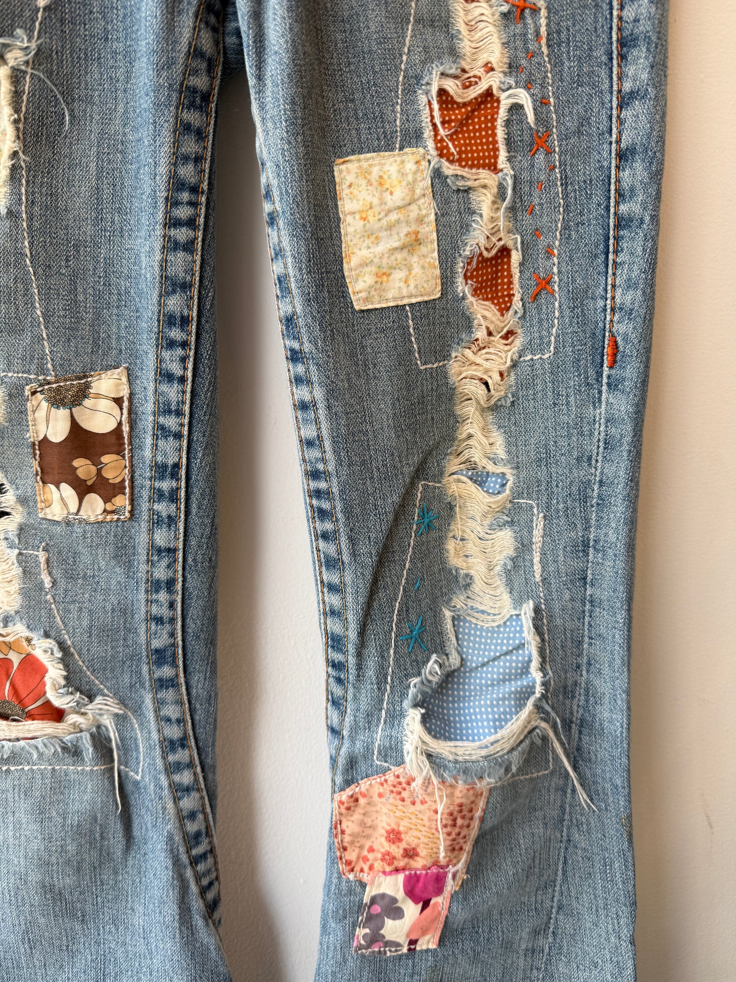 True Religion Patchwork Distressed Flare Jeans