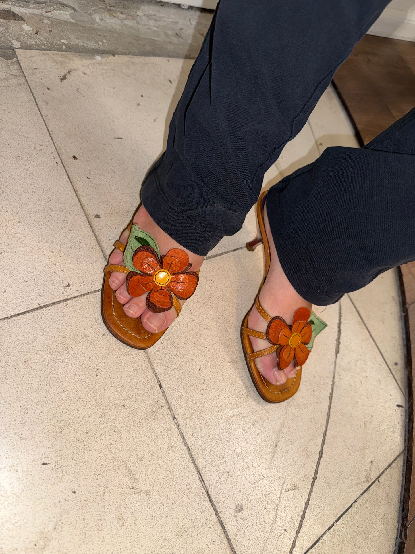 Miu Miu Early 2000s Leather Flower Mules