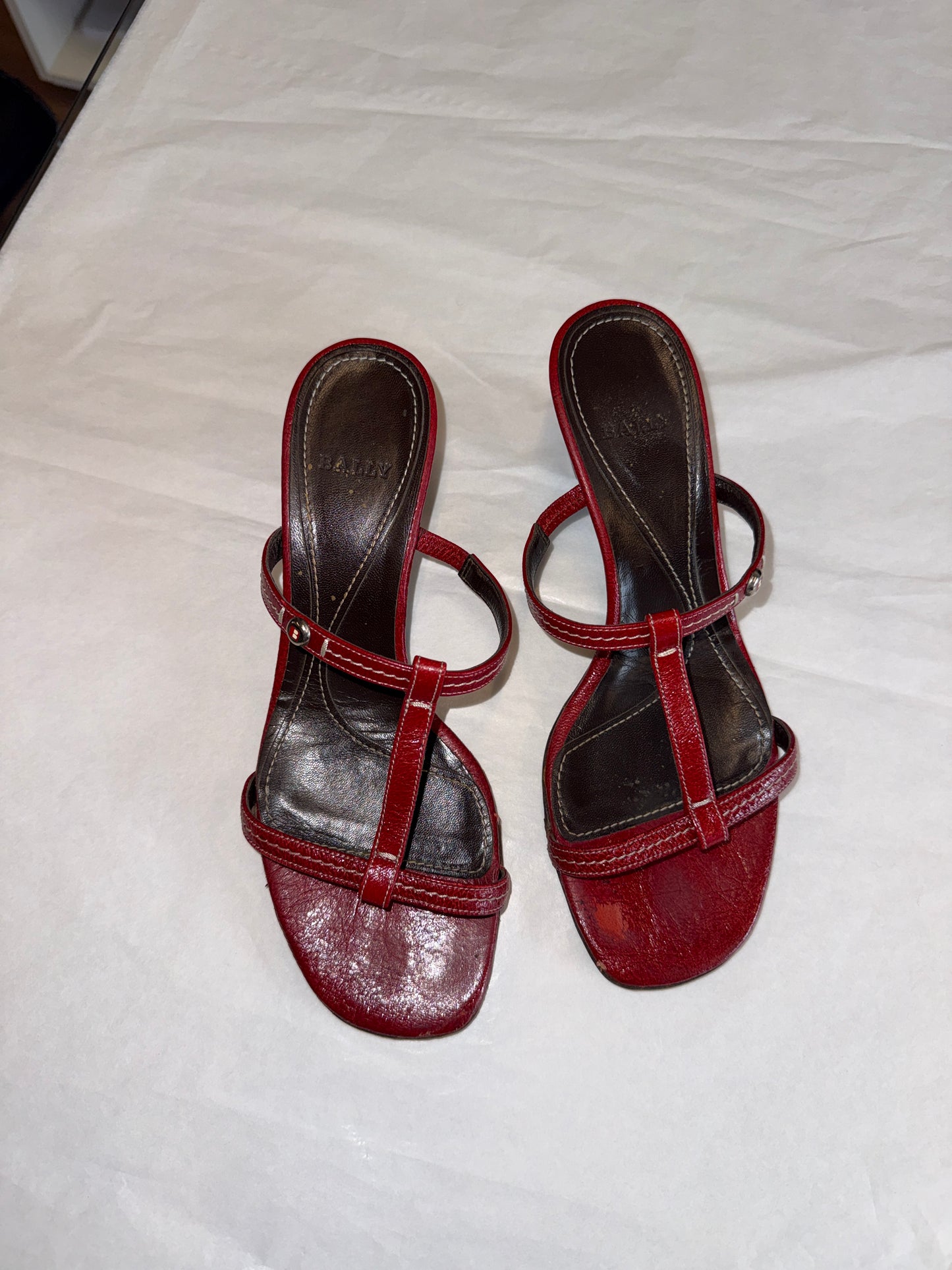 Bally Red Leather T-Strap Sandals