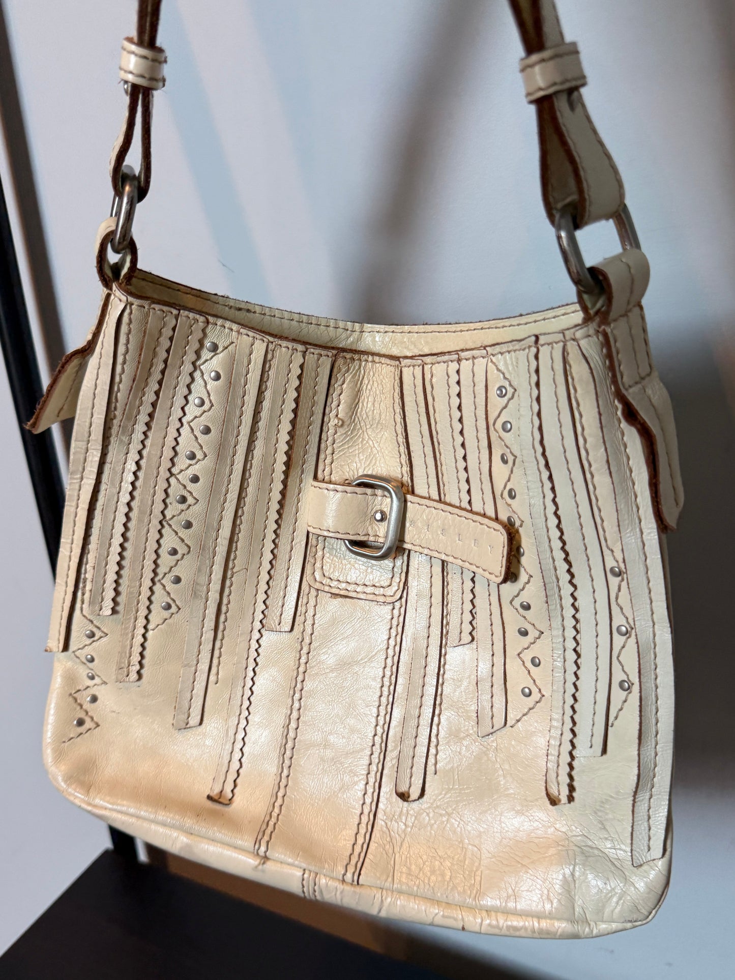 Sisley Ivory Leather Studded Shoulder Bag 2000s