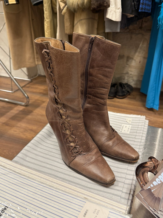 Brown Leather Lace-Up Mid Boots 37 EU
