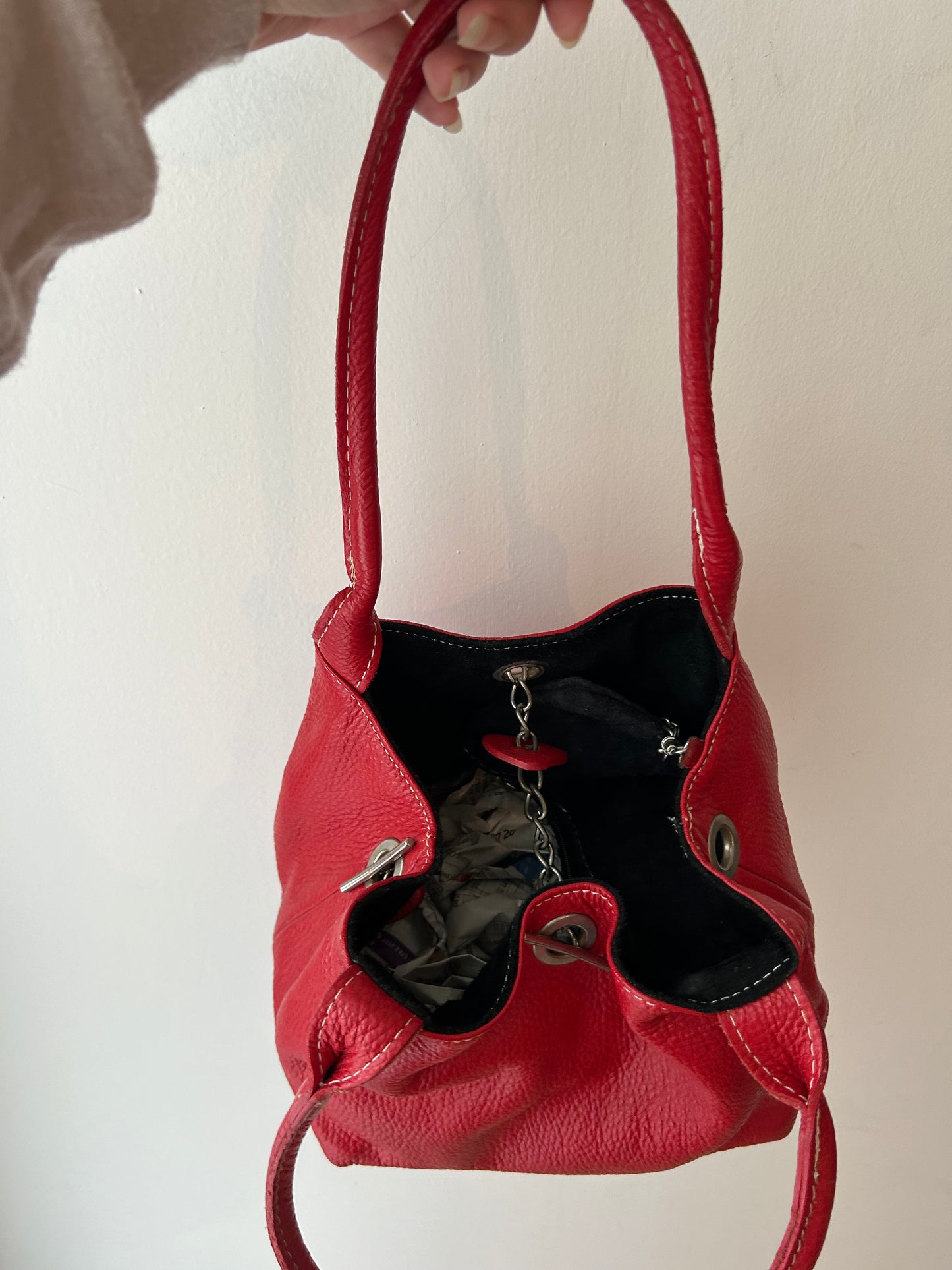 Red leather vintage bucket bag