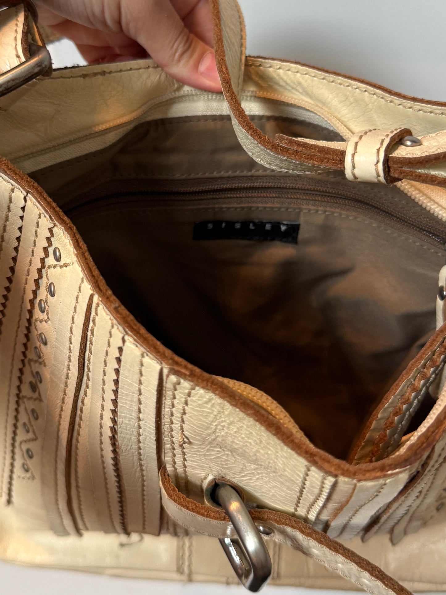 Sisley Ivory Leather Studded Shoulder Bag 2000s