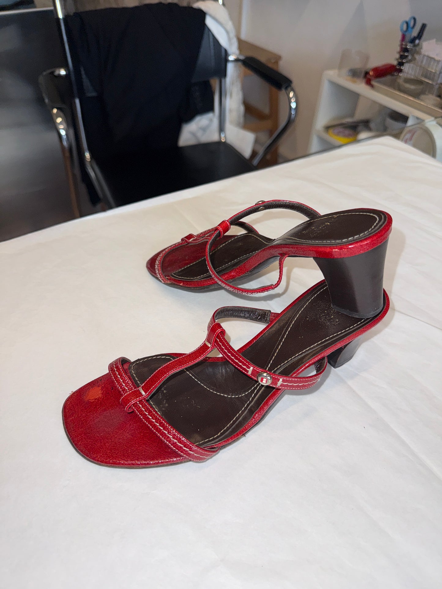 Bally Red Leather T-Strap Sandals