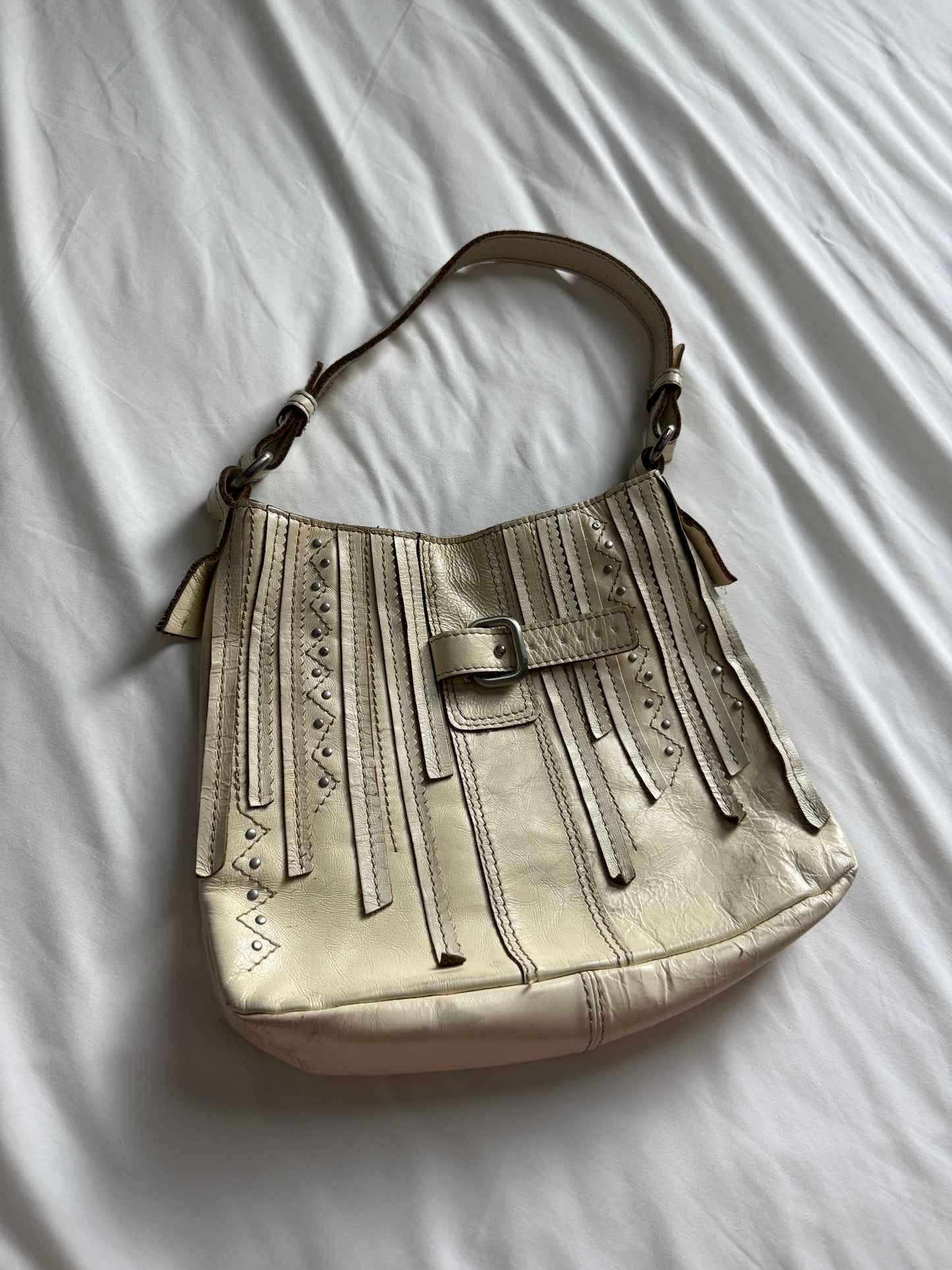 Sisley Ivory Leather Studded Shoulder Bag 2000s