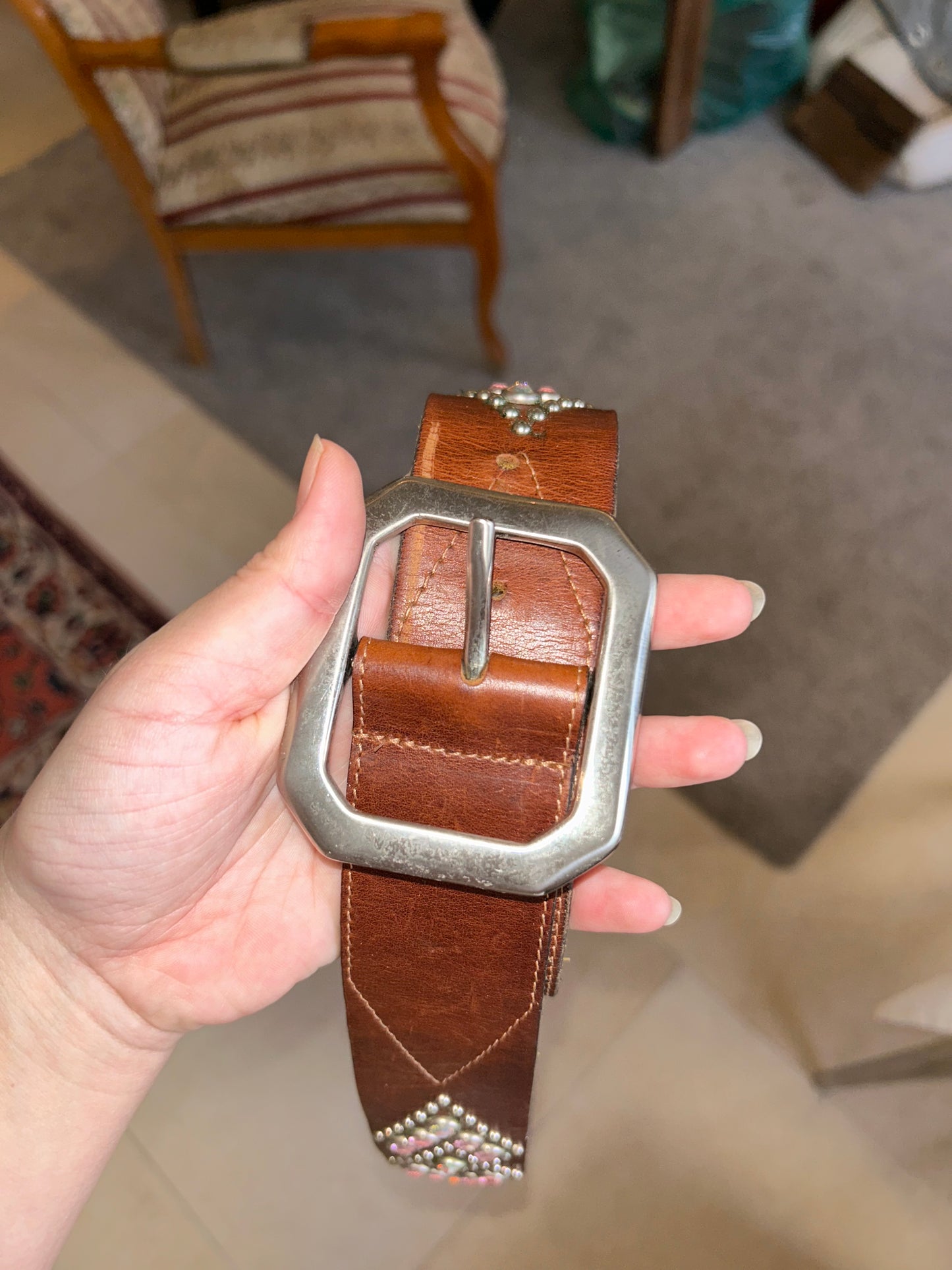 Brown leather pink stones belt