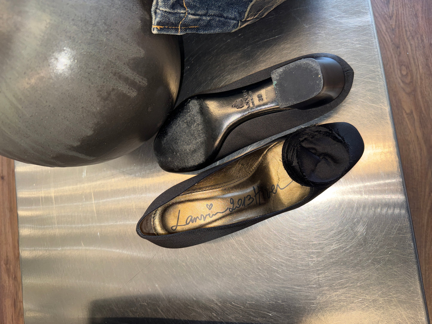 Lanvin Black Satin Heels Sculptural Flower 38