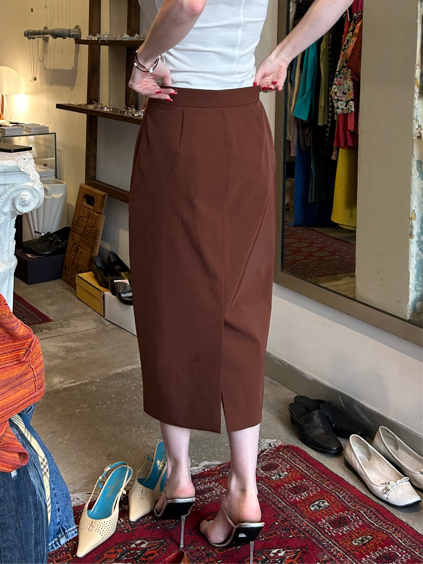 PRADA nylon elastane bronze pencil skirt