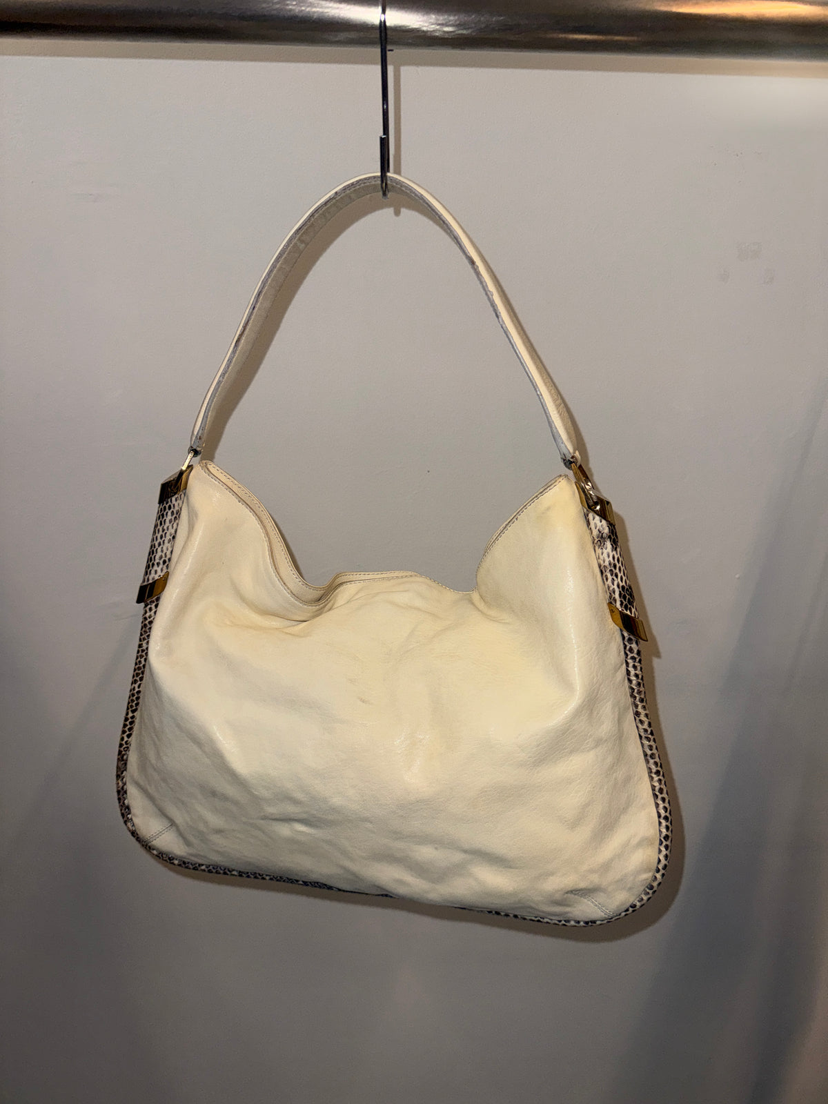 Jimmy Choo Snakeskin-Trimmed Ivory Leather Hobo Bag Late 2000s