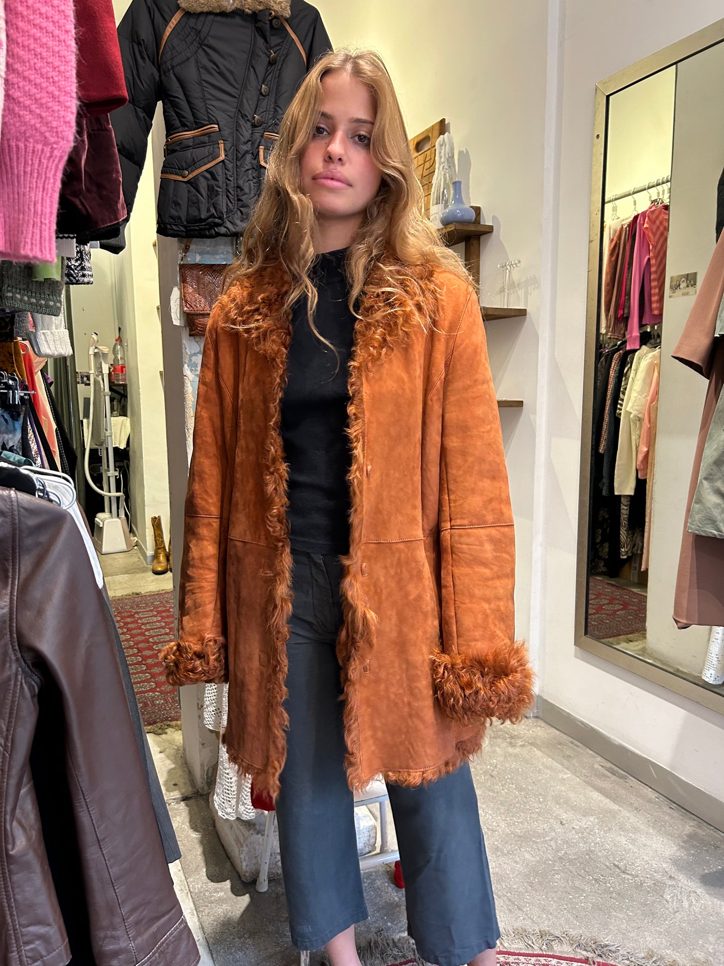 orange suede & wool mouton coat