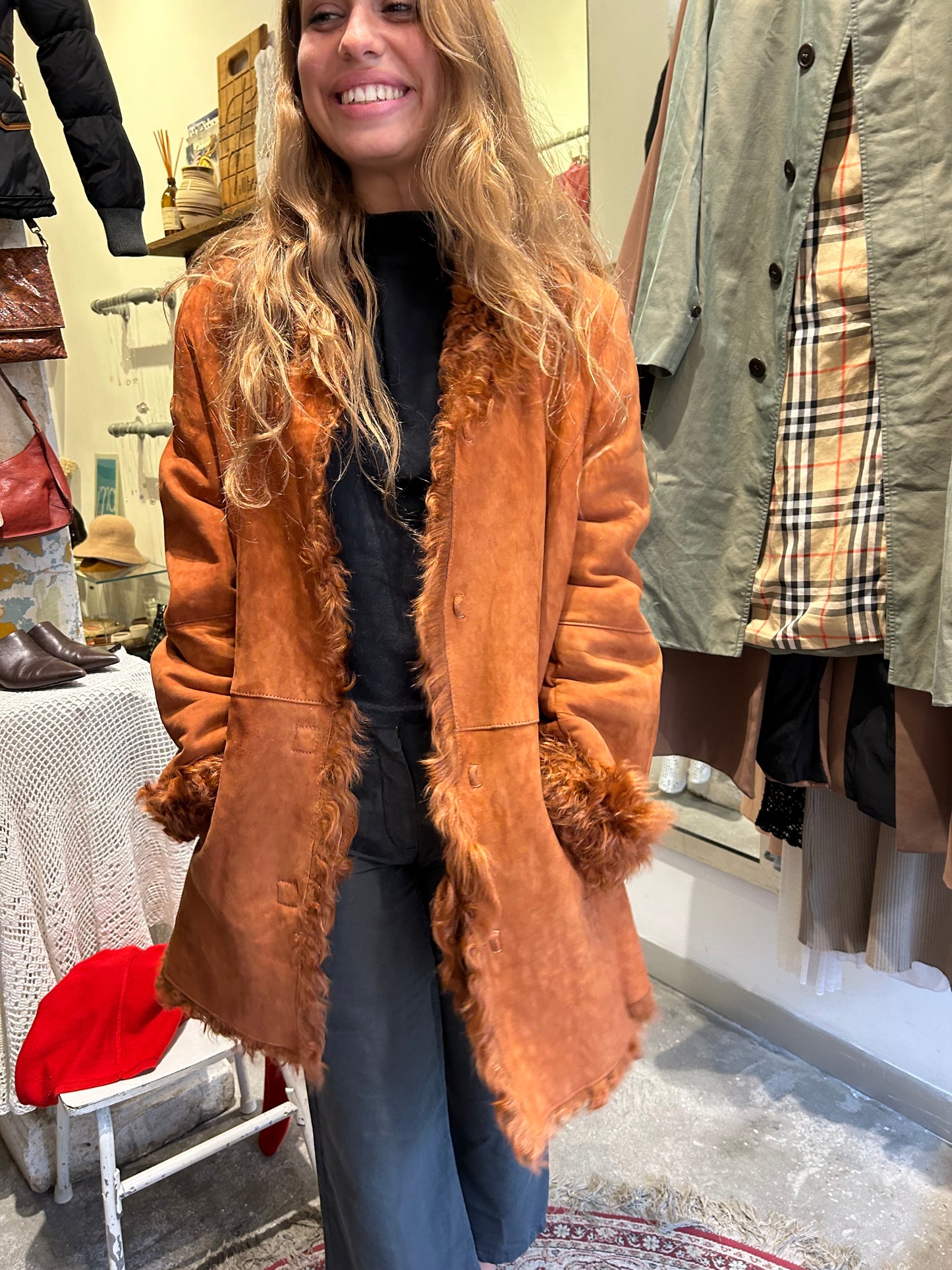 orange suede & wool mouton coat