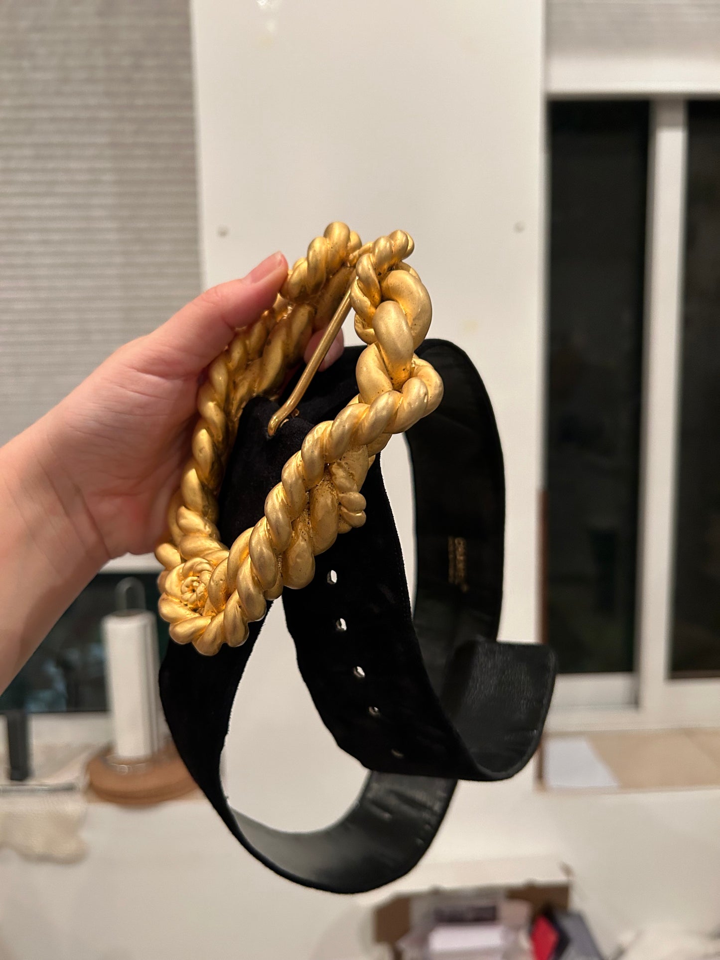 Chanel SS 1990 jumbo XL twisted rope black suede belt