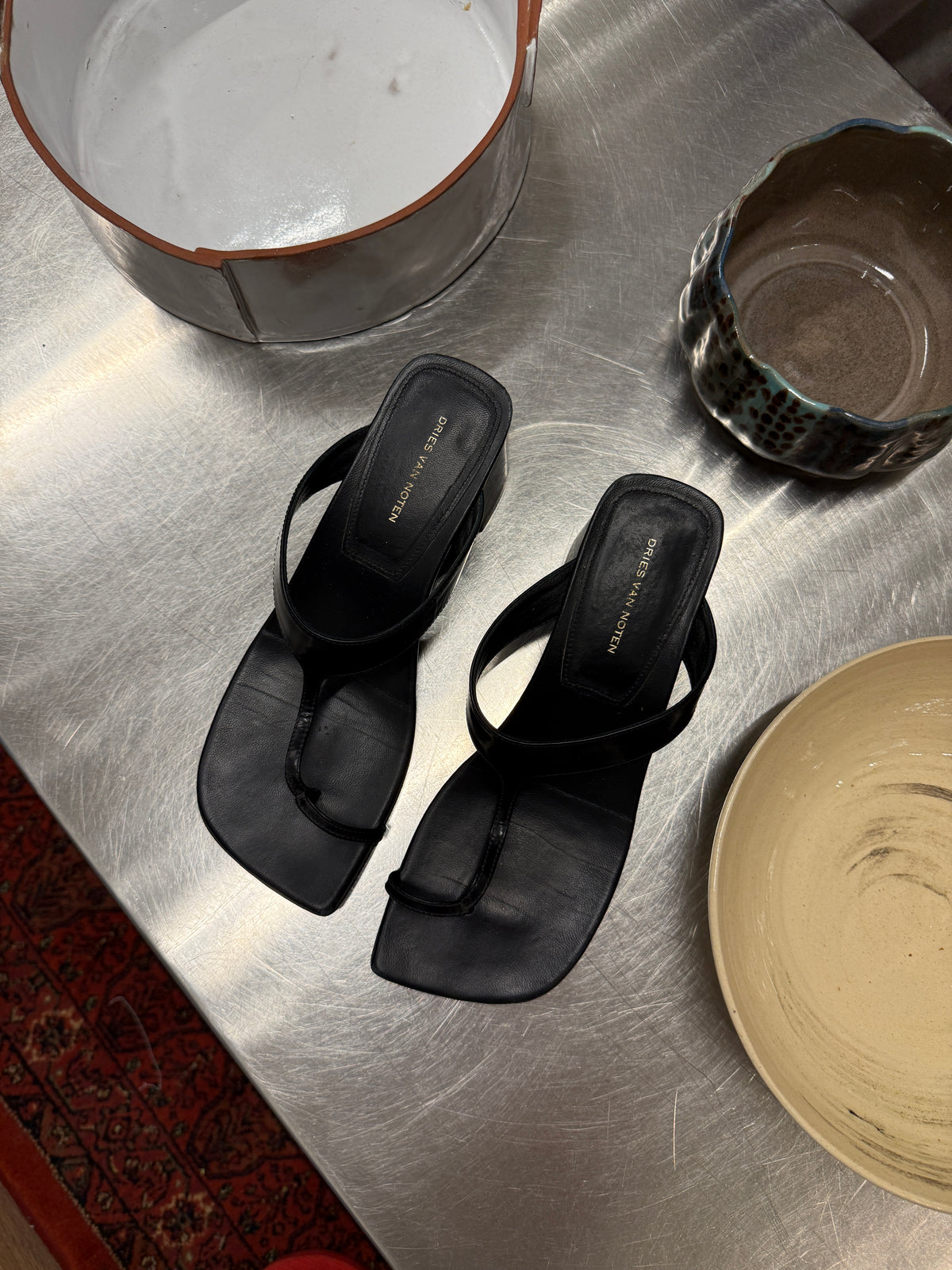Dries Van Noten Archive Black Leather Toe-Ring Heeled Sandals 37 EU
