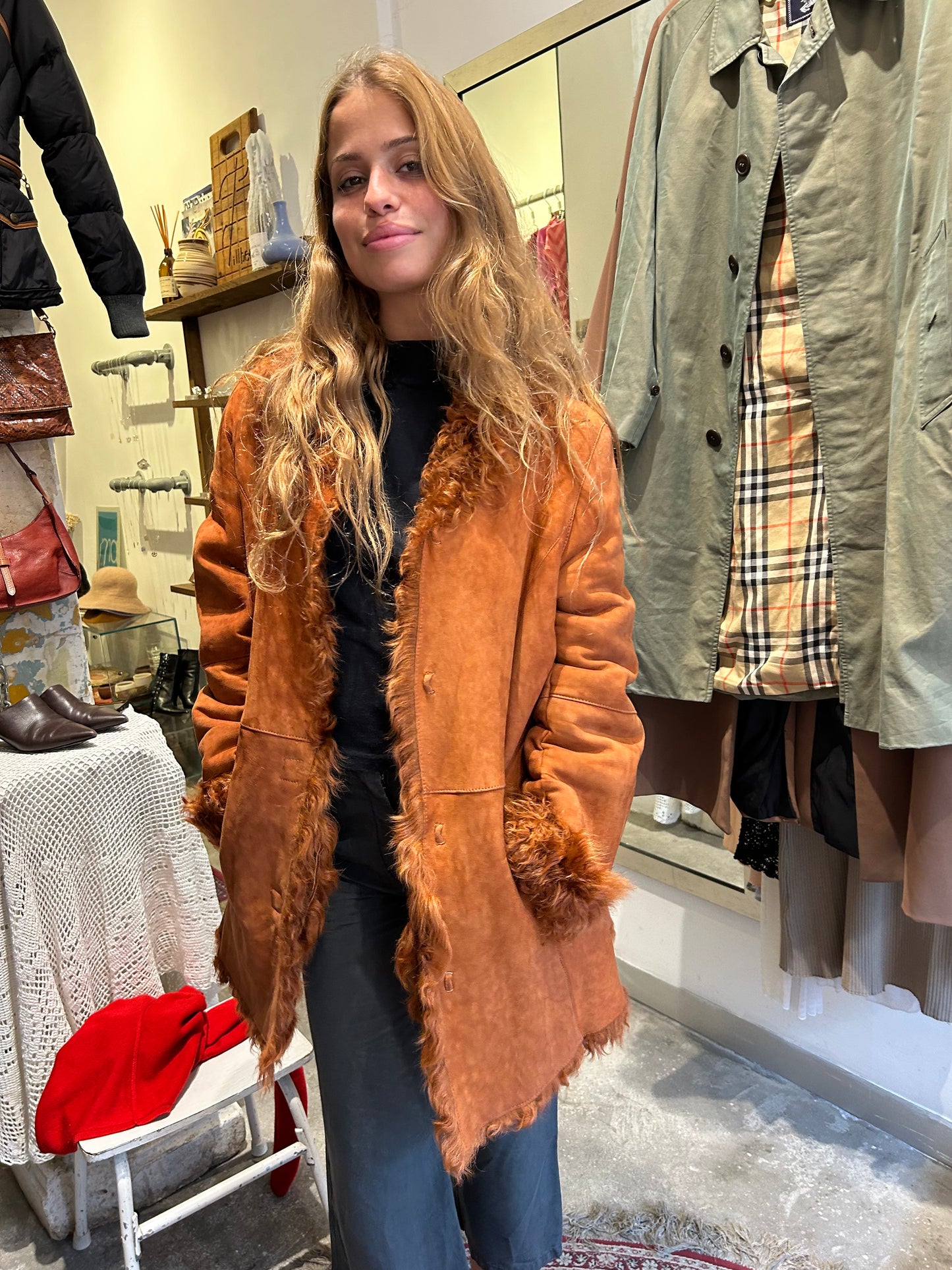 orange suede & wool mouton coat